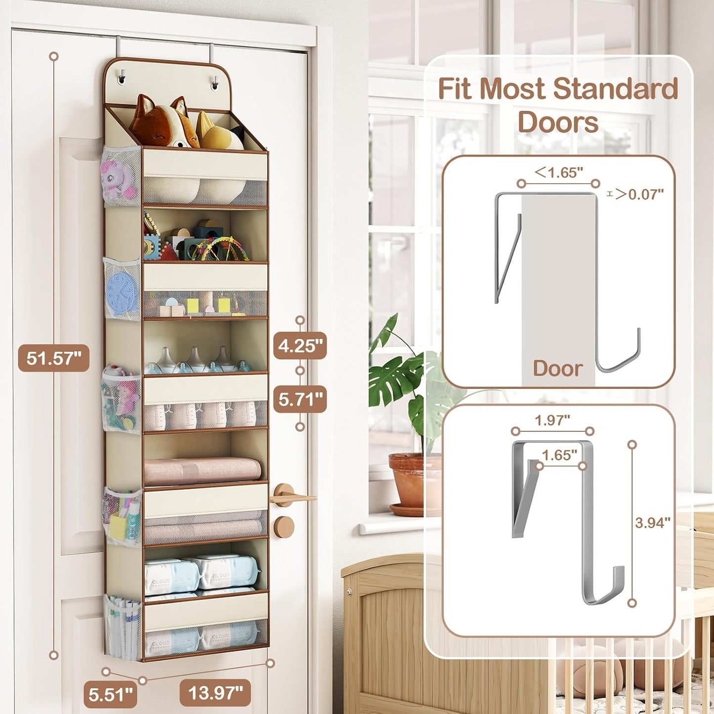 LAMU 1 Pack Over the Door Organizer Hanging with 5 Large Pockets and 10 Mesh Pockets, 44lb Over the Door Storage for Closet, Nursery and Bathroom, Behind the Door Storage with Clothes and Toys, Beige