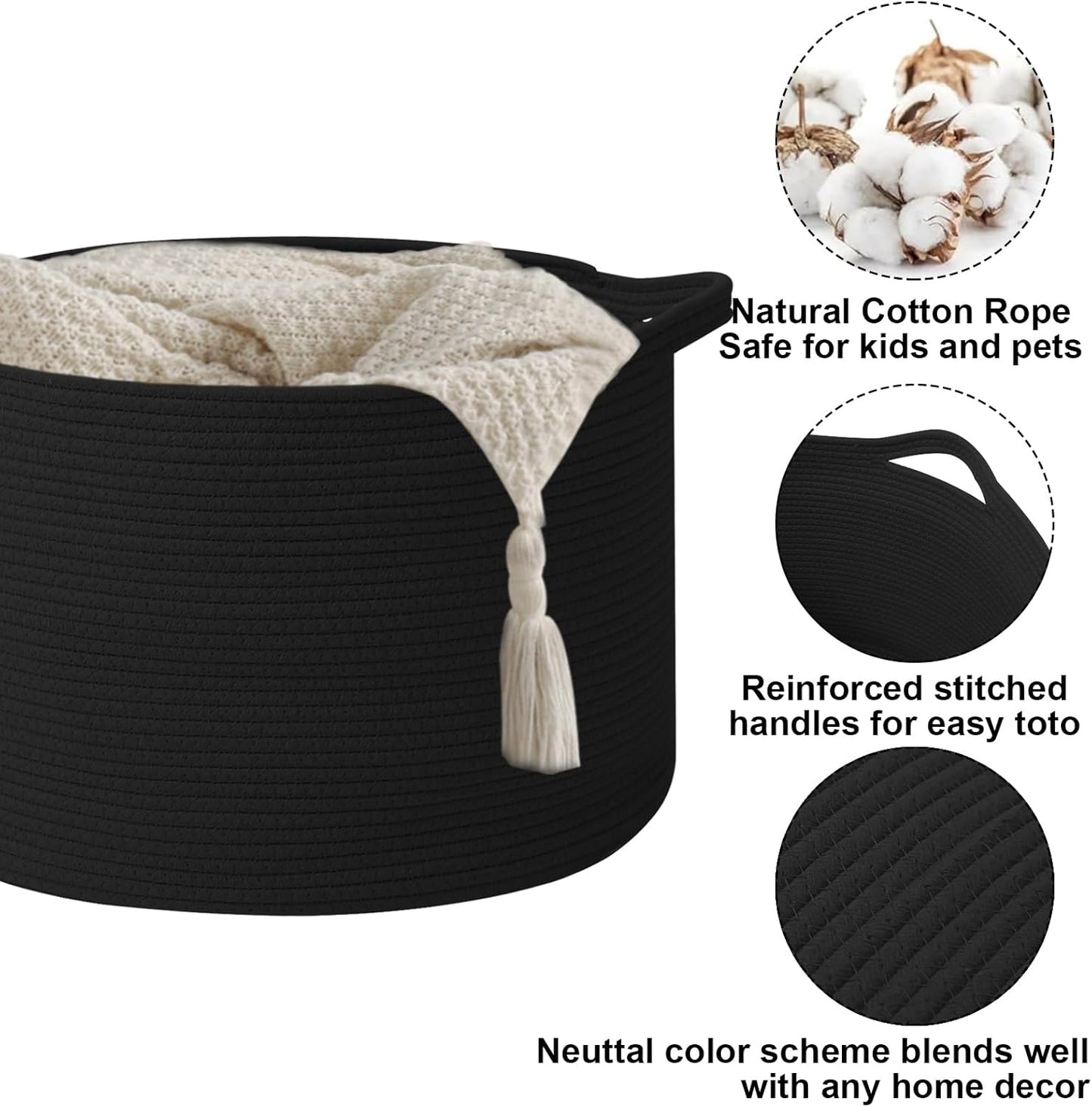 Large Blanket Basket for Organizing,65L Closet Organizers and Storage Bins Box for Shelves Woven Rope Storage Baskets,Living Room,Bedroom,Dorm,Laundry room (Black)