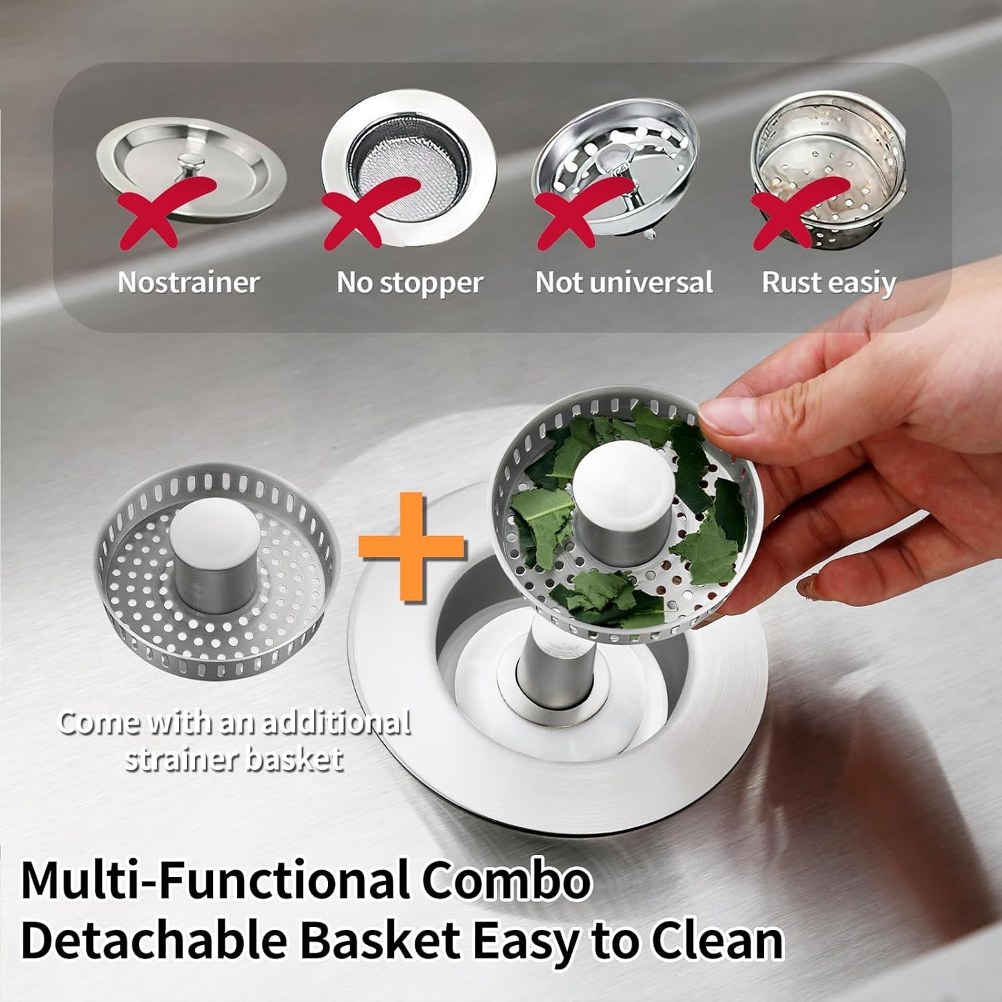 3-in-1 Stainless Steel Kitchen Sink Drain Strainer – Pop-up Sink Stopper with Sealing Ring, Anti-Clog & Odor-Proof Drain Filter, Fits 3-1/2 Inch Sink Drain Holes, Easy Installation