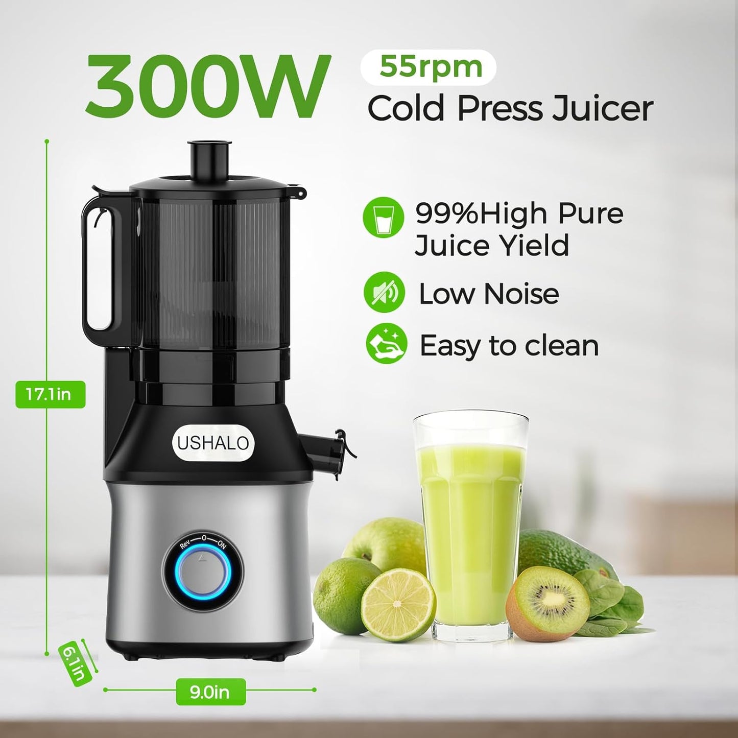 Cold Press Juicer, USHALO Juicer Machines with 5.5" Extra Large Feed Chute, 300W Slow Masticating Juicer for Whole Vegetables and Fruits, 99% High Juice Yield, Easy to Clean