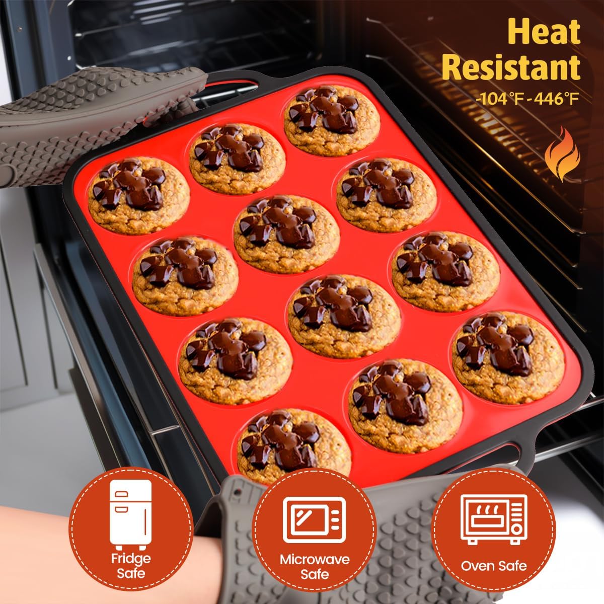 FUNBAKY Silicone Muffin Pan for Baking, Metal Reinforced Frame Muffin Pan Nonstick 12 Cups for Oven Baking Easy to Handle BPA Free