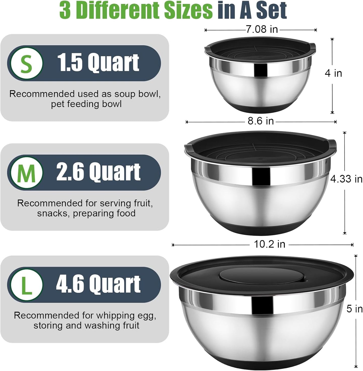 P&P CHEF Mixing Bowl with Lids Set of 3, Stainless Steel Nesting Salad Bowls for Serving Preparing, 3 Grater Attachments & Non-Slip Bottoms, Size 1.5/2.6/4.6 QT, Black