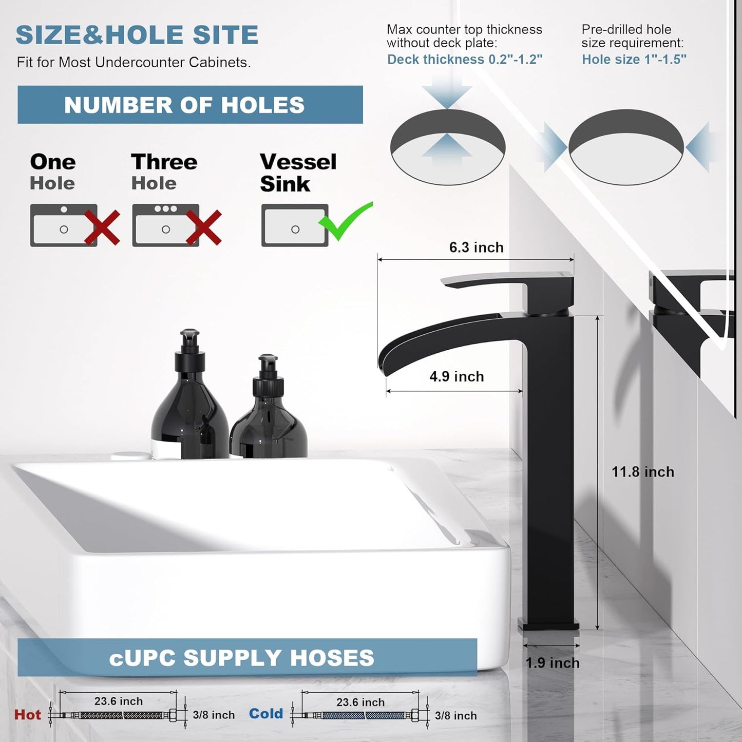 Bathroom Faucet Tall Vessel Faucet Matte Black Waterfall Deck Mount Single Handle Lavatory with Water Supply Line Lavatory Vanity