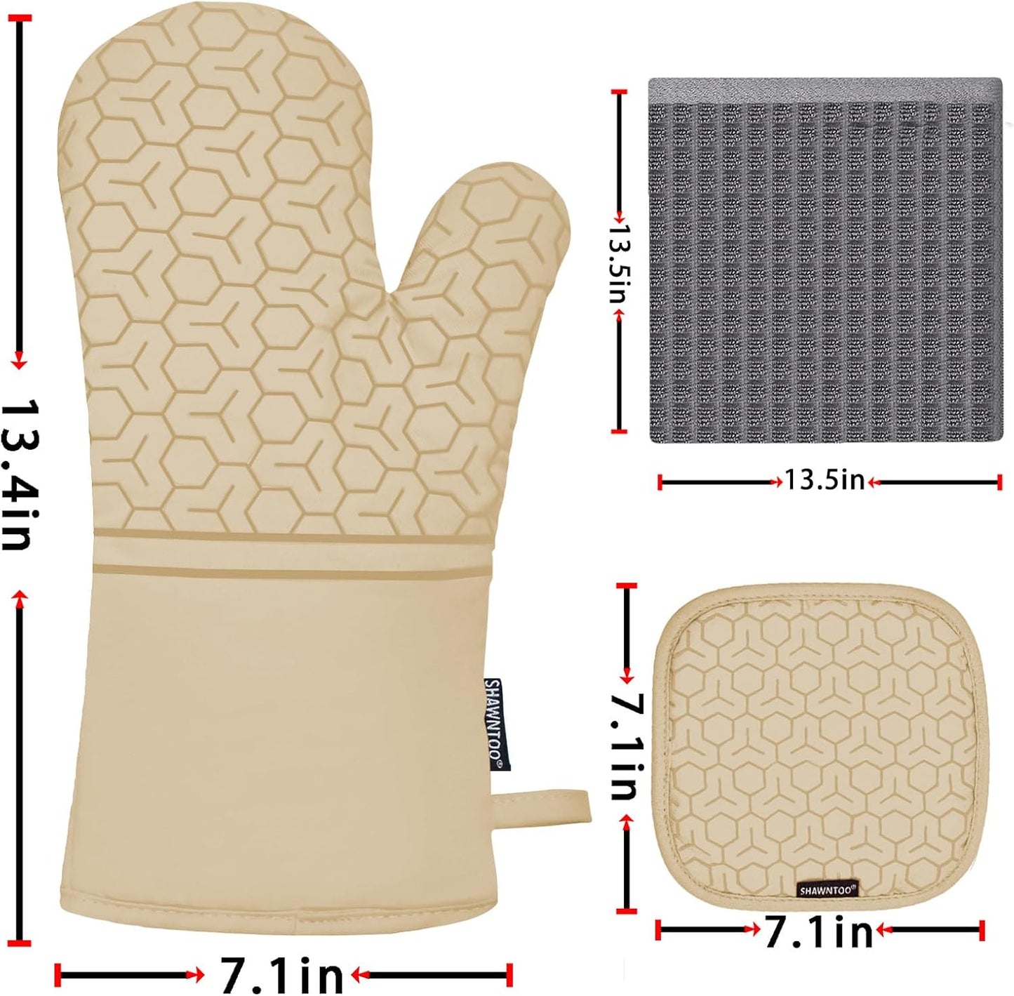 Oven Mitts and Pot Holders Sets 6pcs, Kitchen Oven Glove,High Heat Resistant 550 Degree Extra Long Oven Mitts and Potholders with Non-Slip Silicone Surface for Home Essentials (Grey) (Khaki)