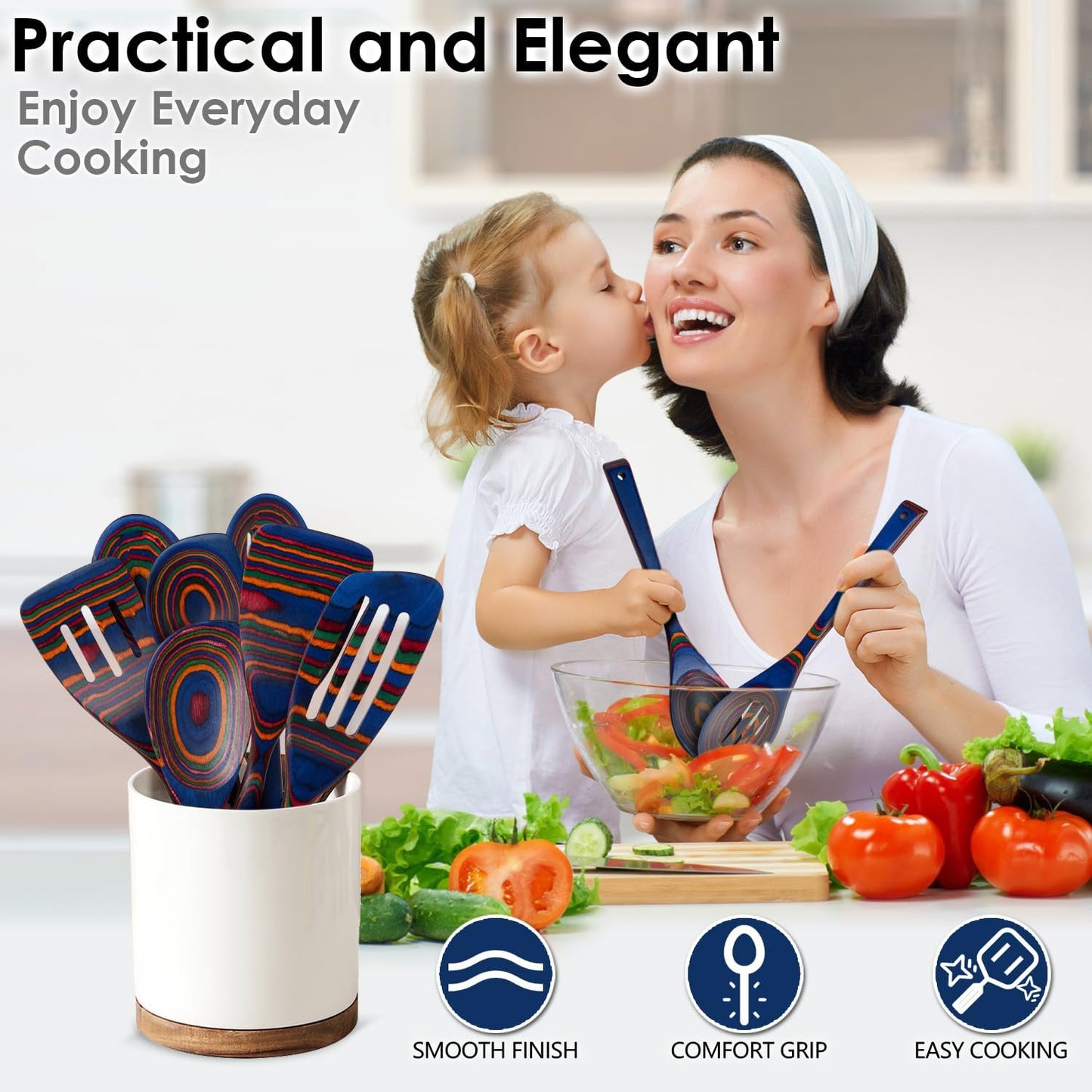 Kitchen Pakkawood Wooden Spoons for Cooking – 7-Piece Kitchen Utensil Set with Spatula, Corner Spoon, Rice Paddle – Nonstick Safe Durable Wooden Cooking Tools for Home Kitchen (Spectrum) by Howhong