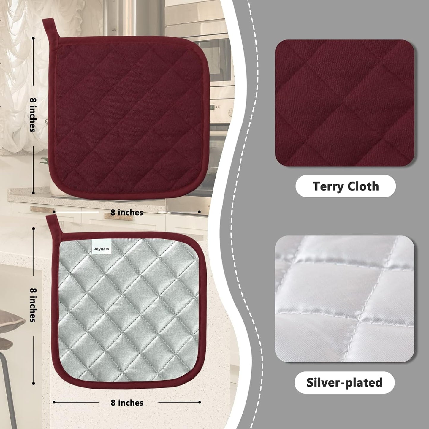 Joyhalo 4 Pack Pot Holders for Kitchen,Cotton Oven Holder with Great Heat Resistance,Non Slip Hot Pads for Kitchen Clearance,Dark Red