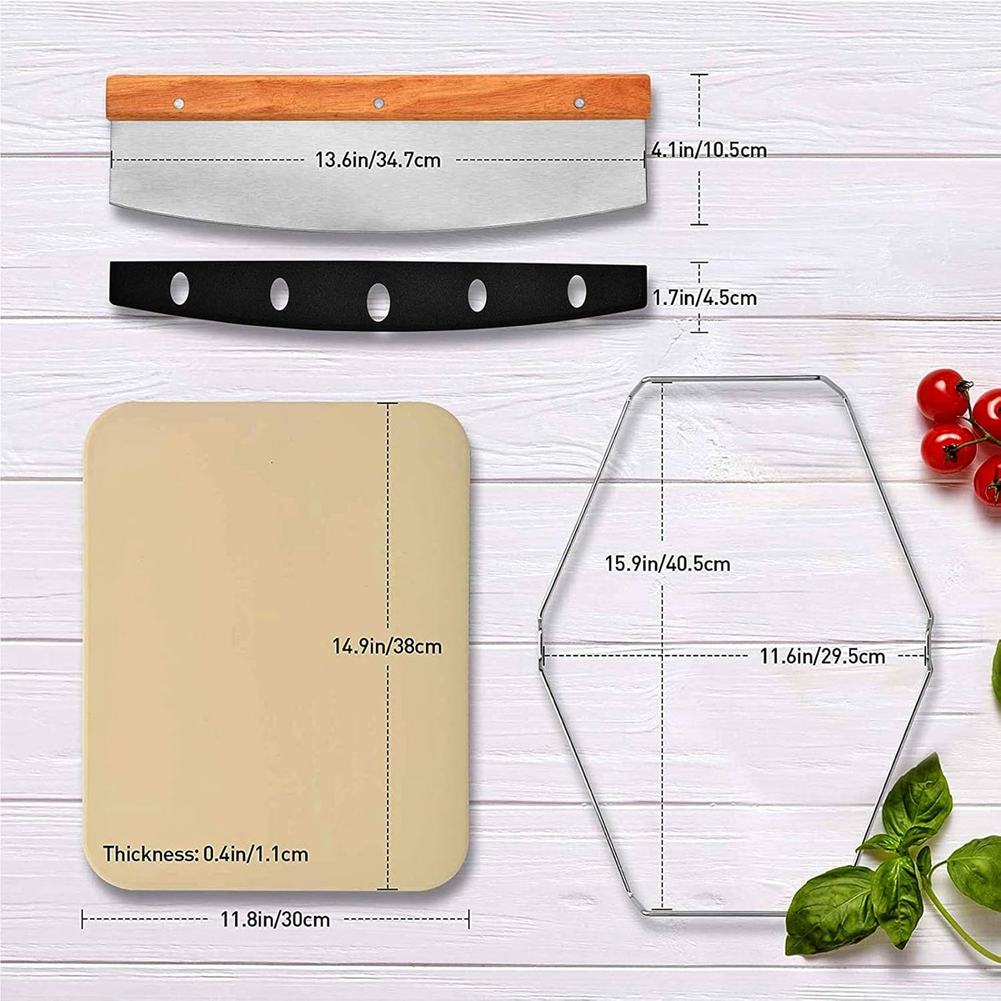 Pizza Grilling Tool Kit - Including 15 x 12 inch Pizza Stone with Metal Handle Rack, Rocker Pizza Cutter Blade with Wooden Safer Grip & Protective Cover – Premium Pizza Oven Grill Accessories