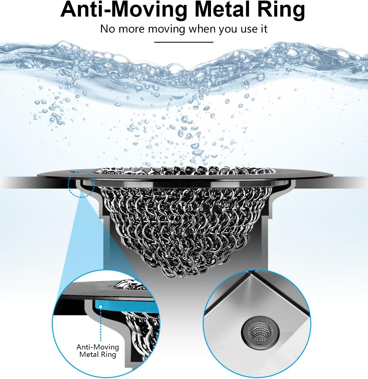 Sink Drain Strainer (Black): Flexible Anti-Slip Chainlink, 304 Stainless Steel. Upgraded Clog-Free, Easy-Clean Catcher for Kitchen Garbage Disposal