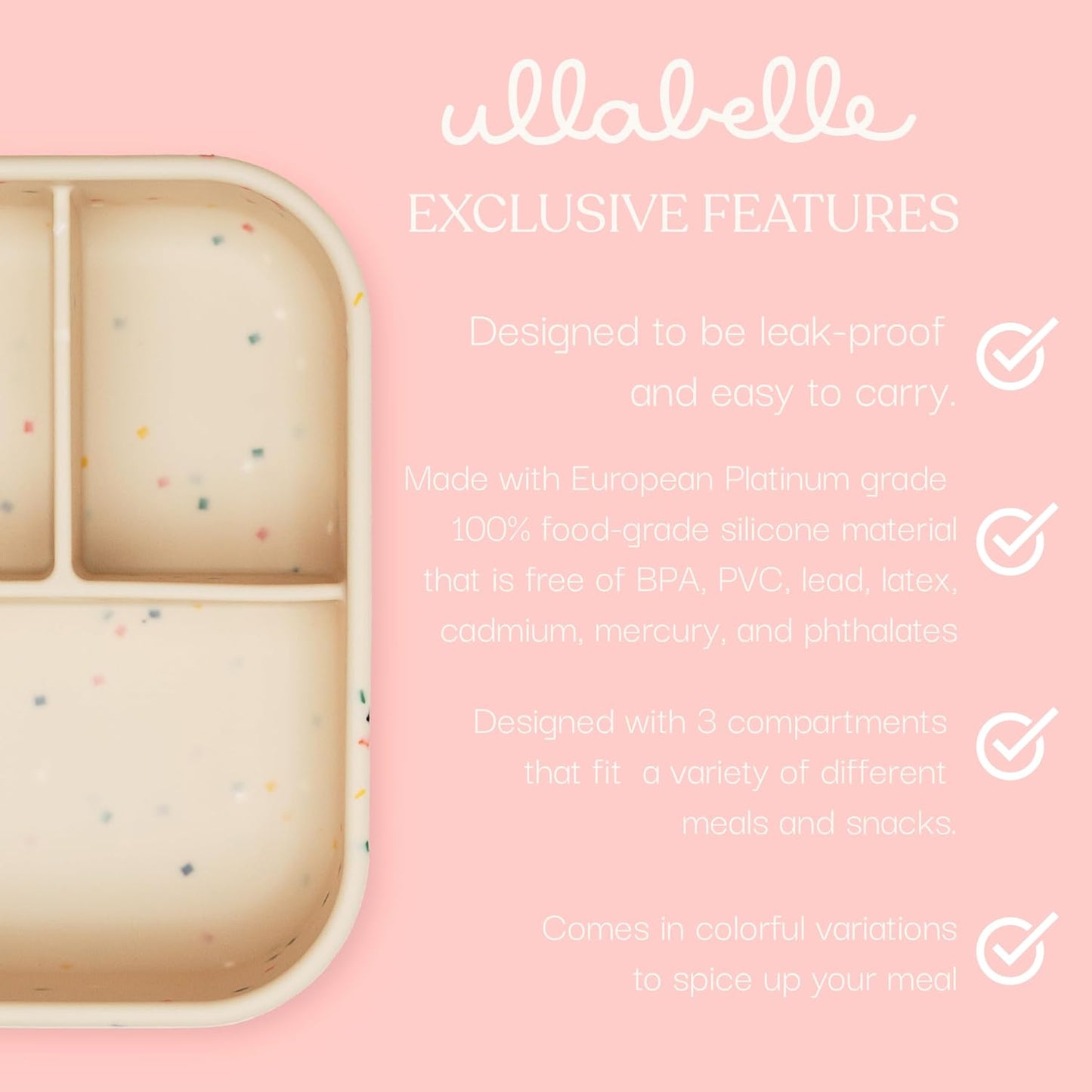 Ullabelle Leak Proof Bento Box Food-Grade Silicone Bento, BPA, Phthalate, Lead, & PVC Free - Bento Lunch Box for Daycare, Kids, & Adults - Leak Resistant Sets With Lids Snack Box Container (Pink)