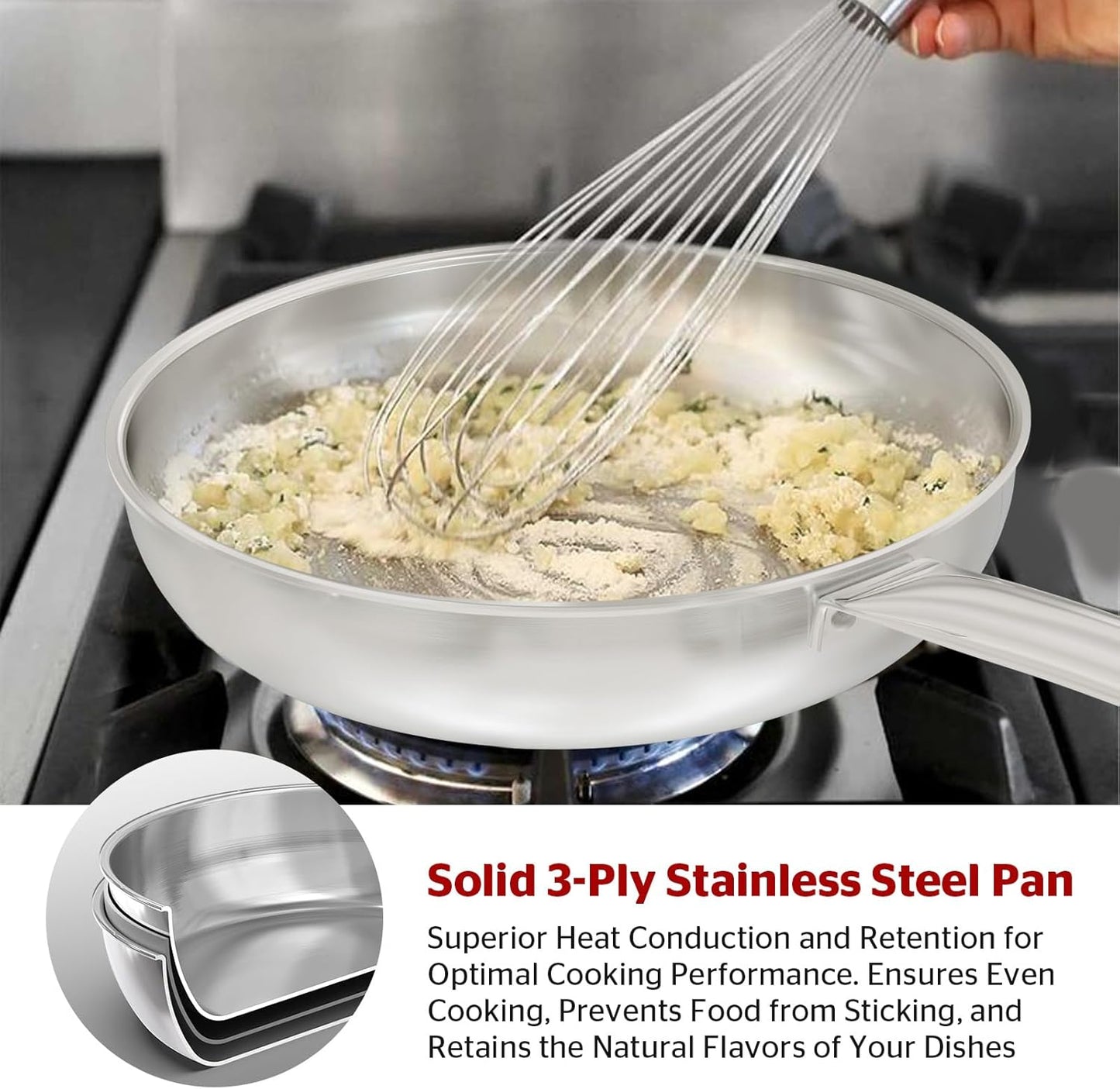Sunhouse 18/10 11 Inch Stainless Steel Frying Pan, Whole-Clad No Coatings Skillet with Stay-cool Handle for Cooking, Durable & Oven Safe to 500°F, Dishwasher Safe, Compatible with All Cooktops