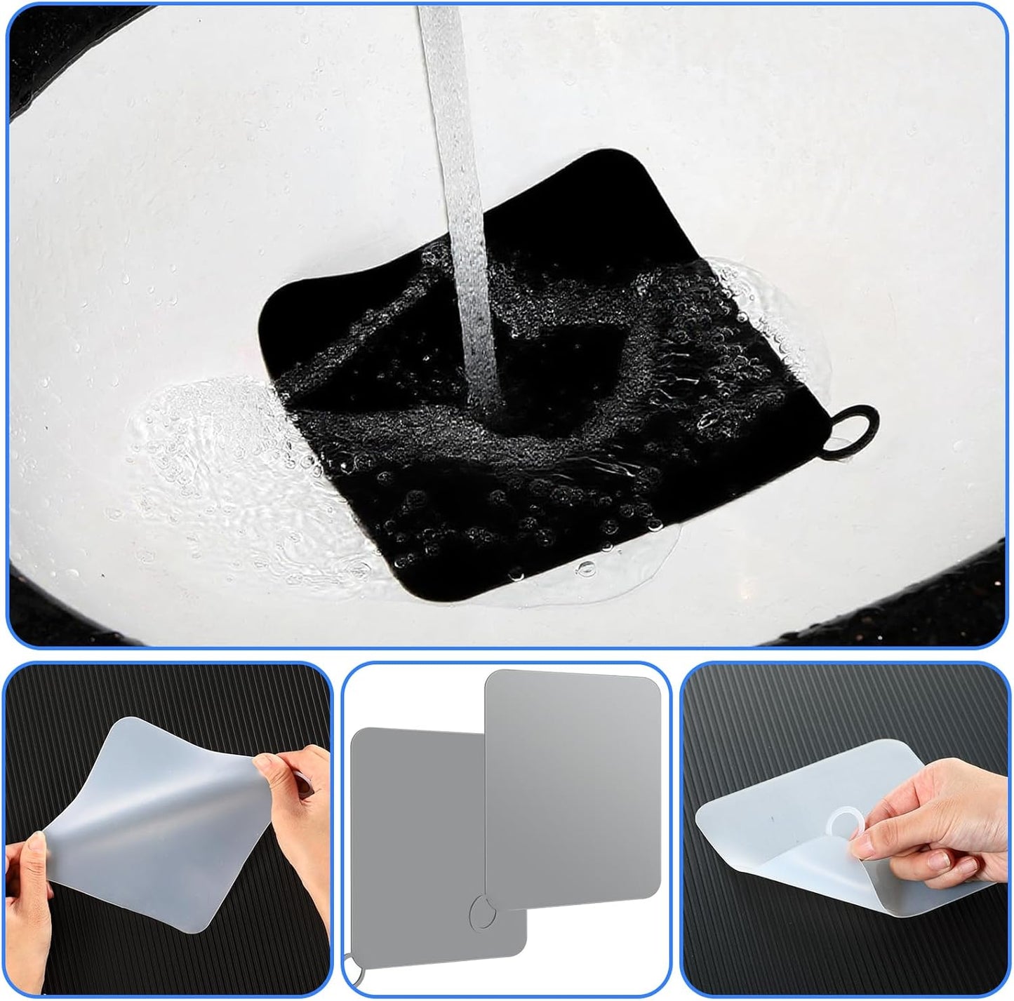 Yinkin 6 Pcs Drain Covers to Keep Bugs Out Silicone Shower Floor Tub Stoppers Bathtub Drain Stoppers Sewer Anti-Odor Mats Deodorizing Plugs for Bathroom(6 x 6 Inch,Square,White, Grey and Black)