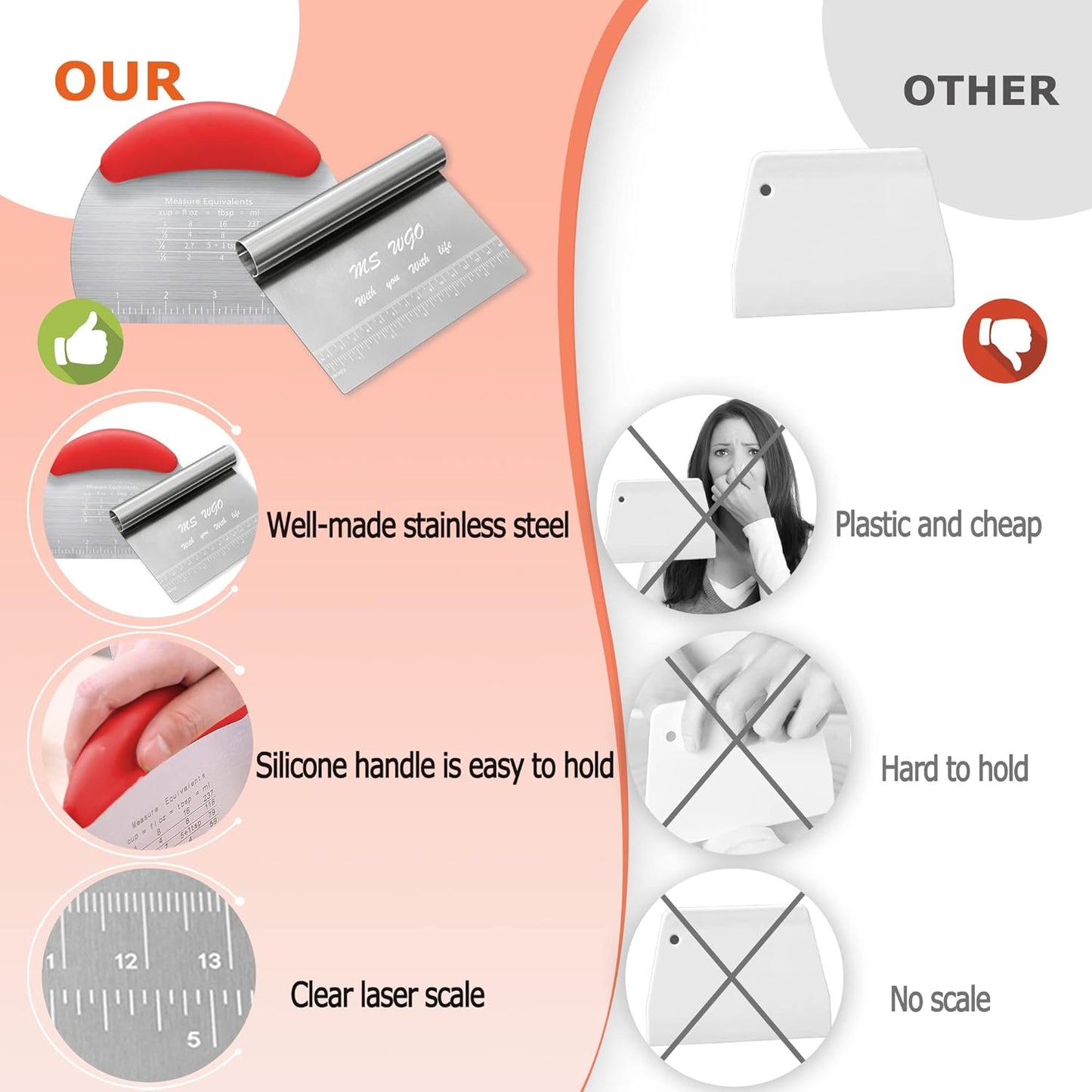 Dough Scraper Cutter Pastry Pizza Cutter Stainless Steel Tool with Scale Ruler, Kitchen Tool for Baking Cookie Dough Vegetable Bread