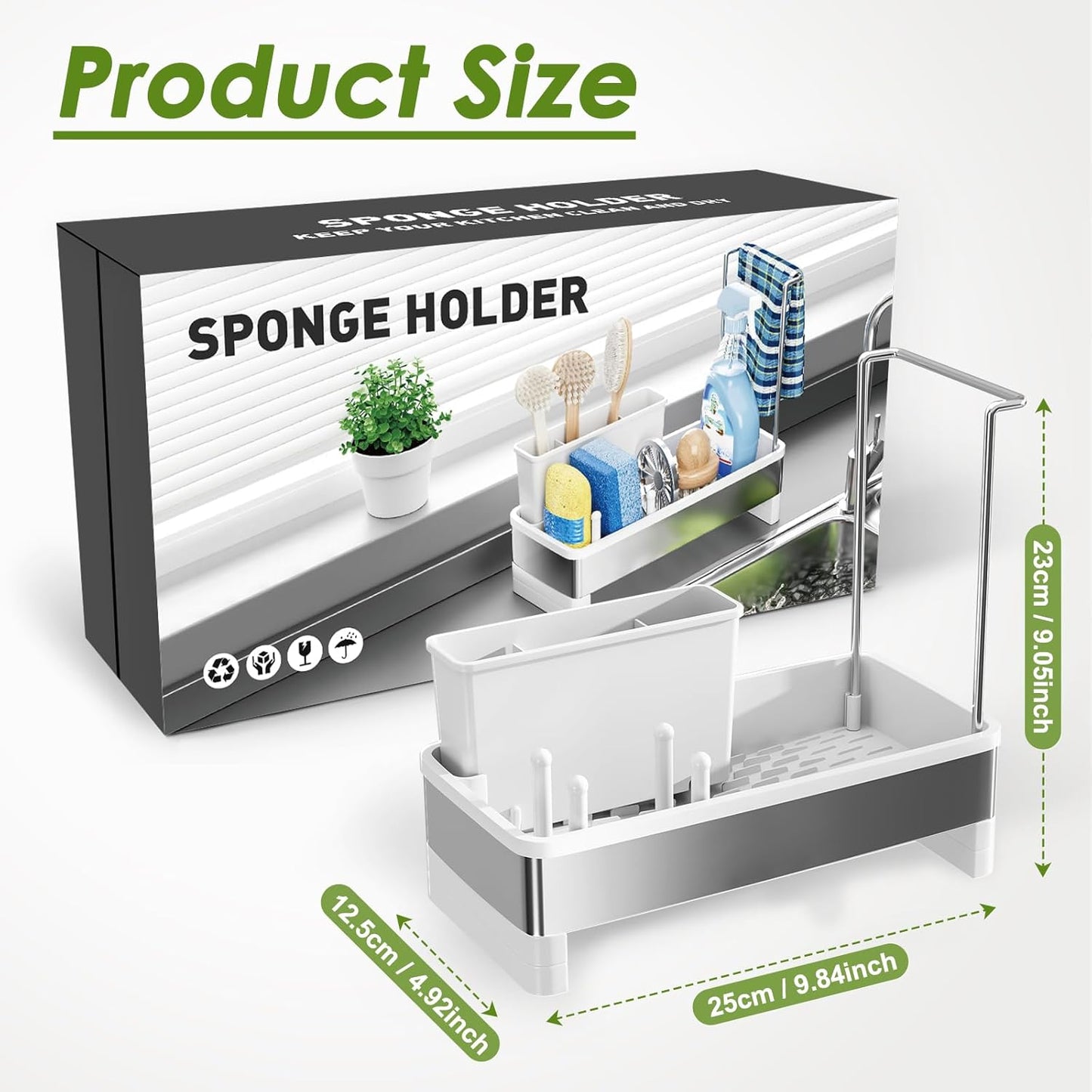 Stainless Steel Sink Caddy, Sponge Holder for Kitchen Sink with Brush Holder & Dishcloth Rack, Rustproof Organizer Countertop, Soap Dispenser Kitchen Organizers Storage Essentials, White