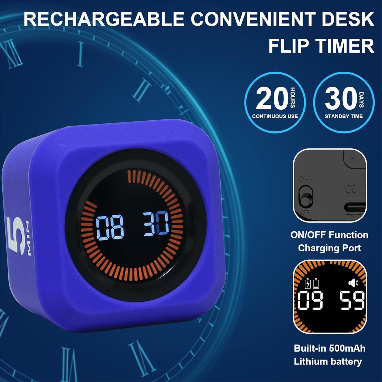 Rotating Cube Visual Timer 5, 25, 10 50 Minutes Preset + Custom Countdown, Rechargeable Desk Productivity Flip Timer with Detachable Silicone Cover for ADHD Study Work Kitchen School (Black)