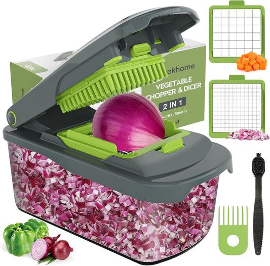 Ourokhome Vegetable Chopper Cutter with Container, Manual Hand Food Veggie Dicer with 2 Chopping Blades for Potato Strips, Onion Cubers, Carrot Sticks, Essential Kitchen Gadgets (2 in 1, Gray)