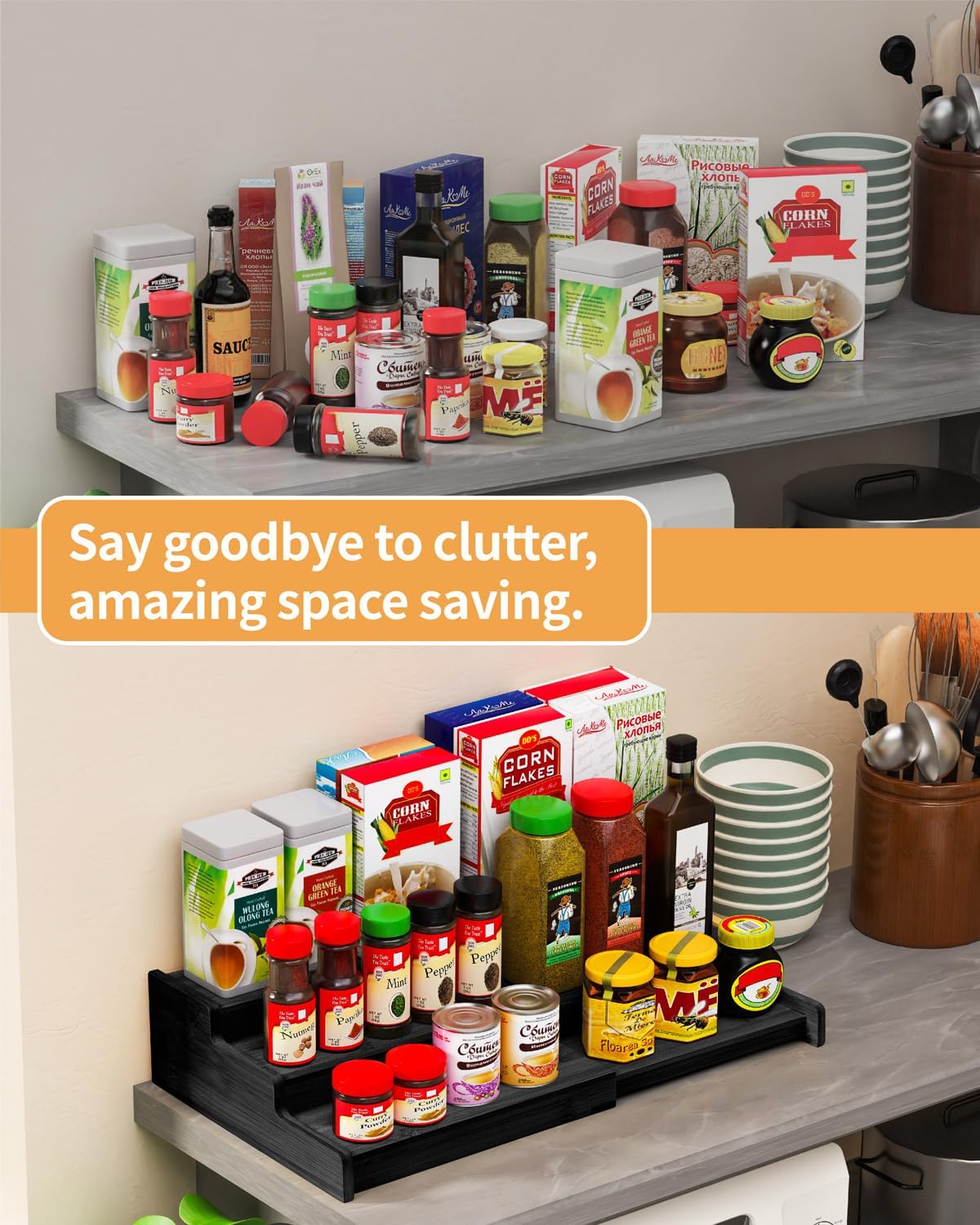 Spice Rack Organizer, 3 Tier Expandable Bamboo Spice Rack Organizer, Great for Kitchen Cabinet, Cupboard, Pantry and More-Black(2pack)