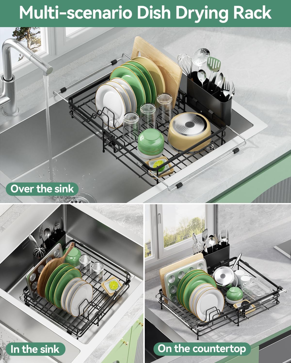 Expandable in Sink Dish Drying Rack - Adjustable Capacity (11.1''-18.43 ''L) Over Sink Dish Drainer Drying Rack for Kitchen Counter, Dish Rack with Utensil Holder