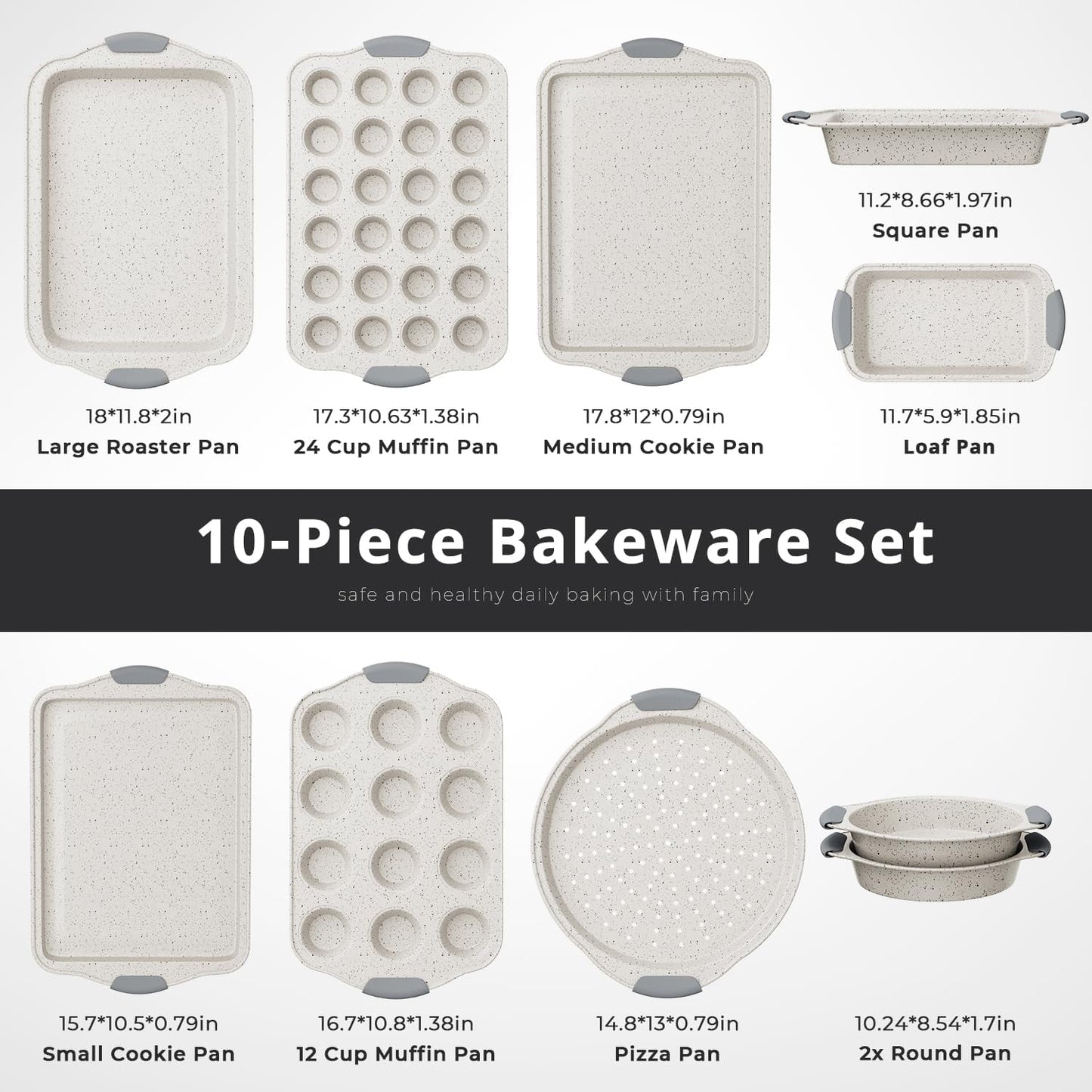 10-Piece Nonstick Baking Pans Set, Stackable Non Toxic Bakeware Sets with Cookie Sheets, Cake Pan, Loaf Pan, Pizza Pan, Muffin Pan, White&Gray
