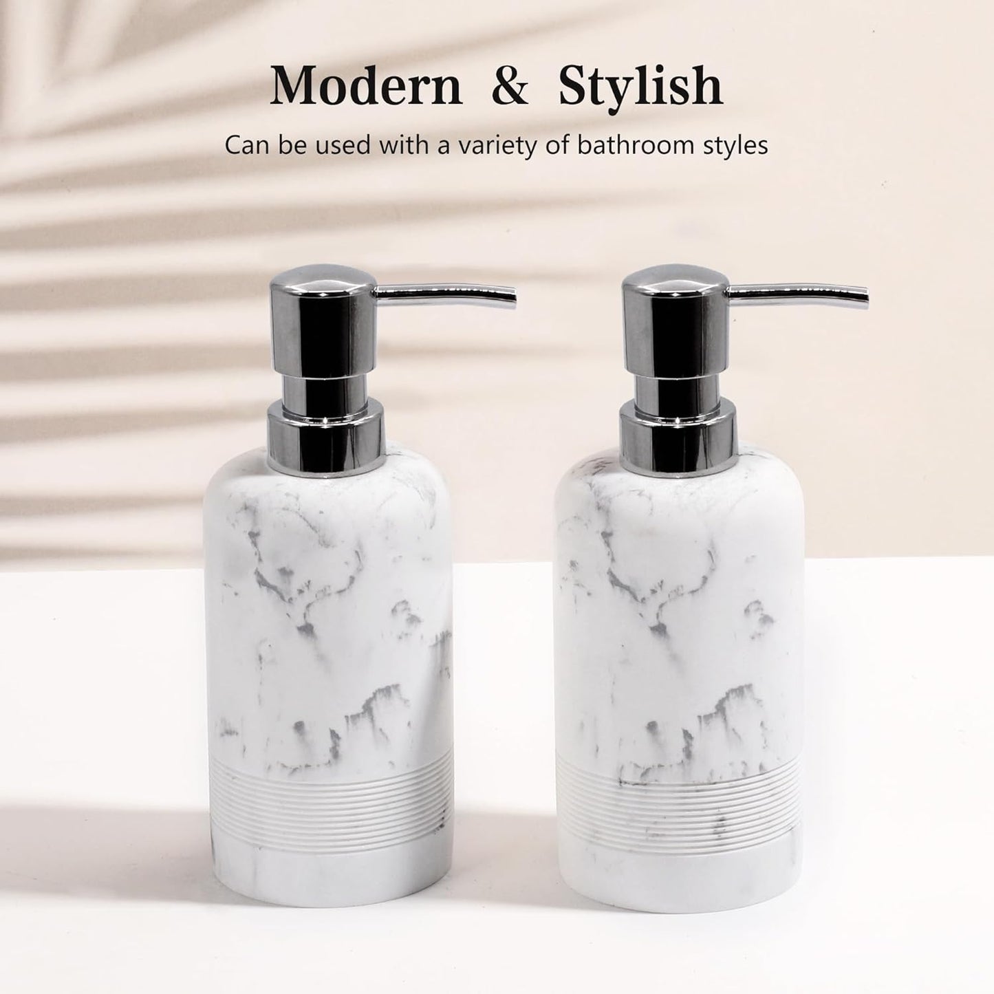 Resin Soap Dispenser Sets, 2 Pcs Heavy Lotion Dispensers,10.8oz Refillable Liquid Soap Dispensers with Rust-Proof Pump for Bathroom Countertop or Kitchen, Artificial Marble White