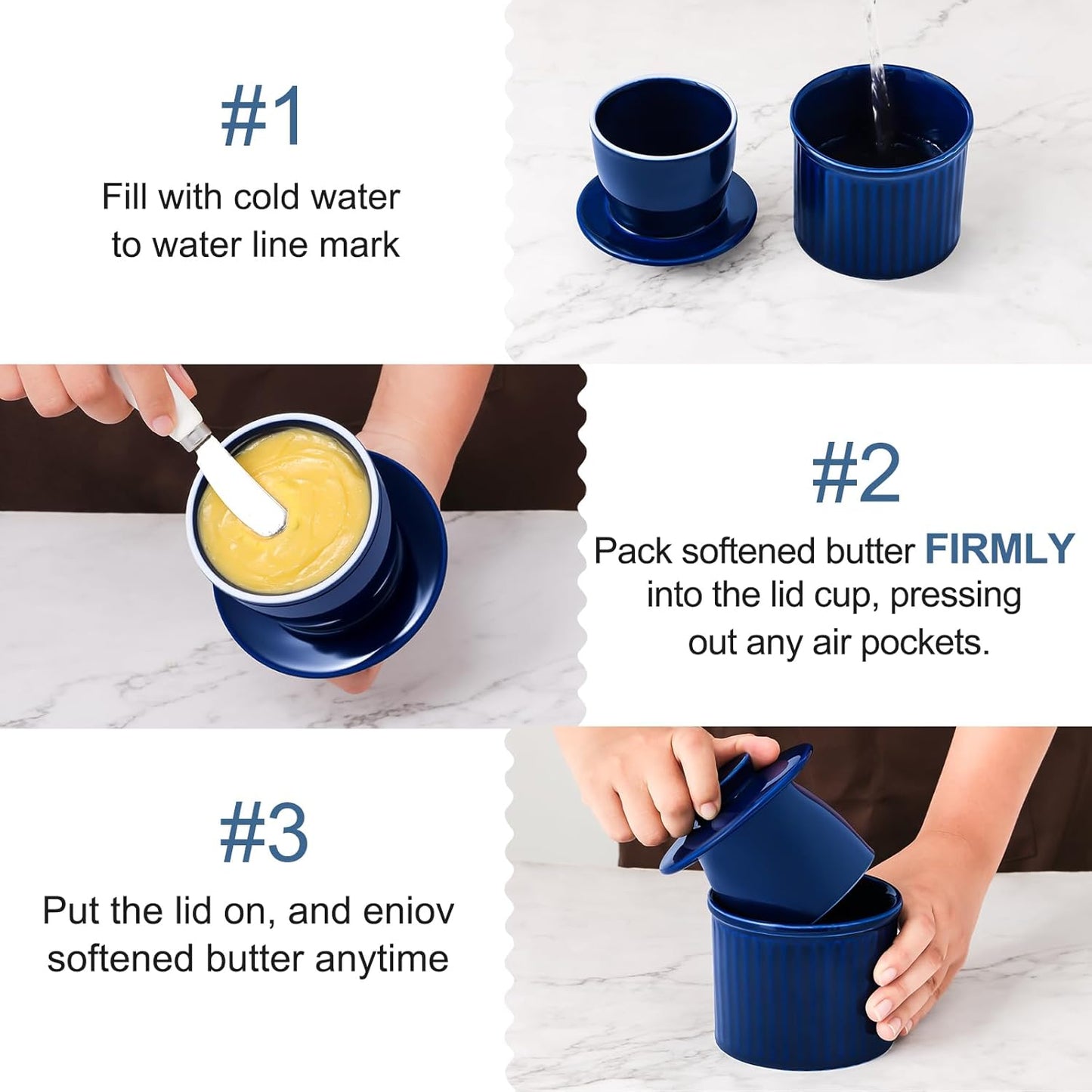 Large Butter Crock for Counter with Water Line, Butter Keeper, Ceramic French Butter Dish Holder for Fresh Spreadable Soft Butter (Blue, 8 Ounce)