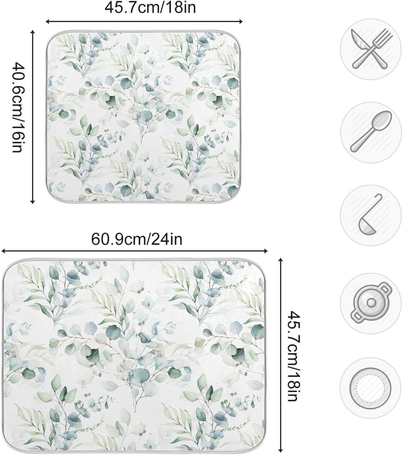 Green Sage Eucalyptus Leaves Dish Drying Mat for Kitchen Counter Absorbent Microfiber Drying Pad, Medium 16x18 in, Reversible Drainer Mats