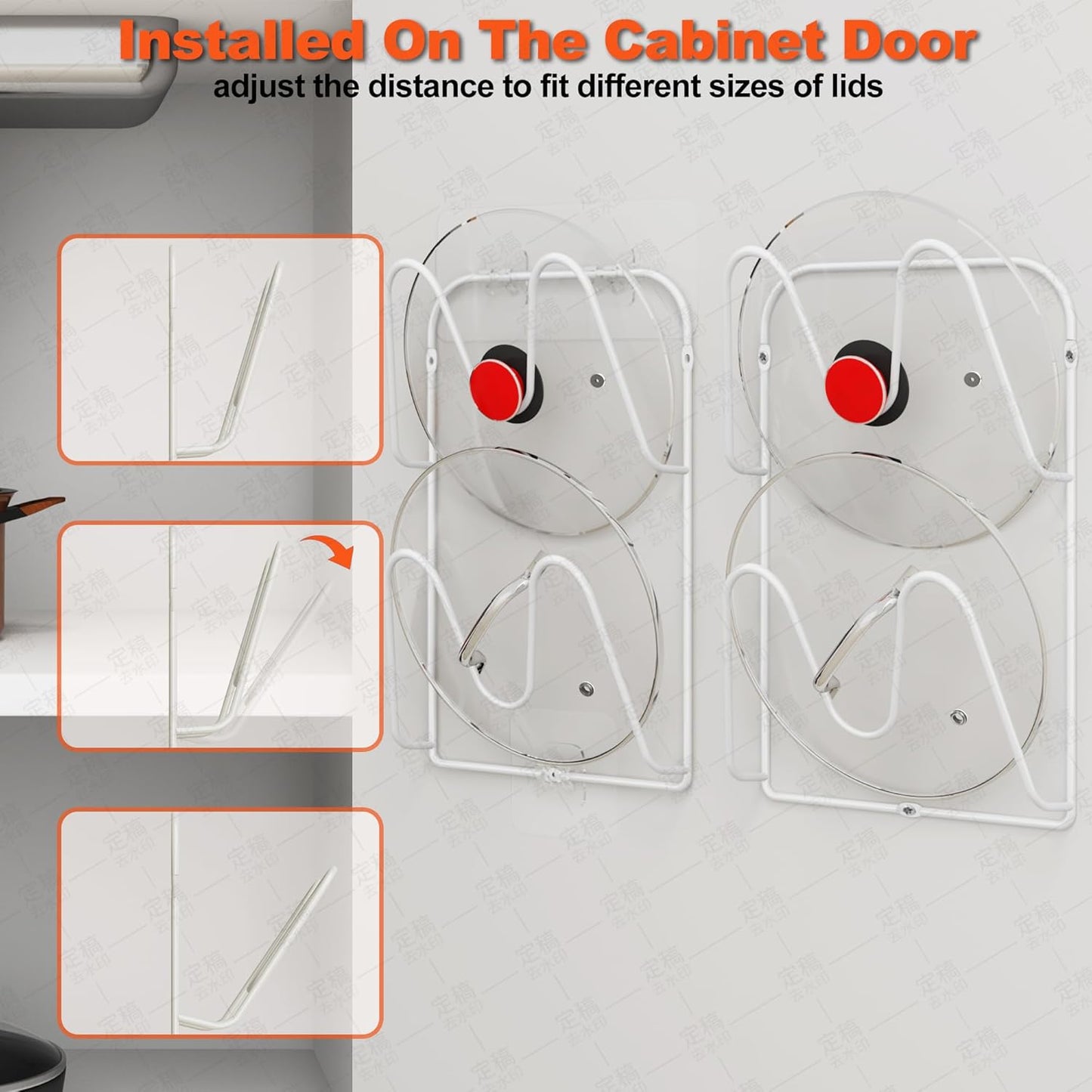 2 Pack Pot-Lid-Holder, 4-Tier Pot-Lid-Organizer for Cabinet Door/Wall, No Drilling Adhesive Wall/Door Mounted Rustproof Pot-Lid-Rackr for Kitchen Organizers