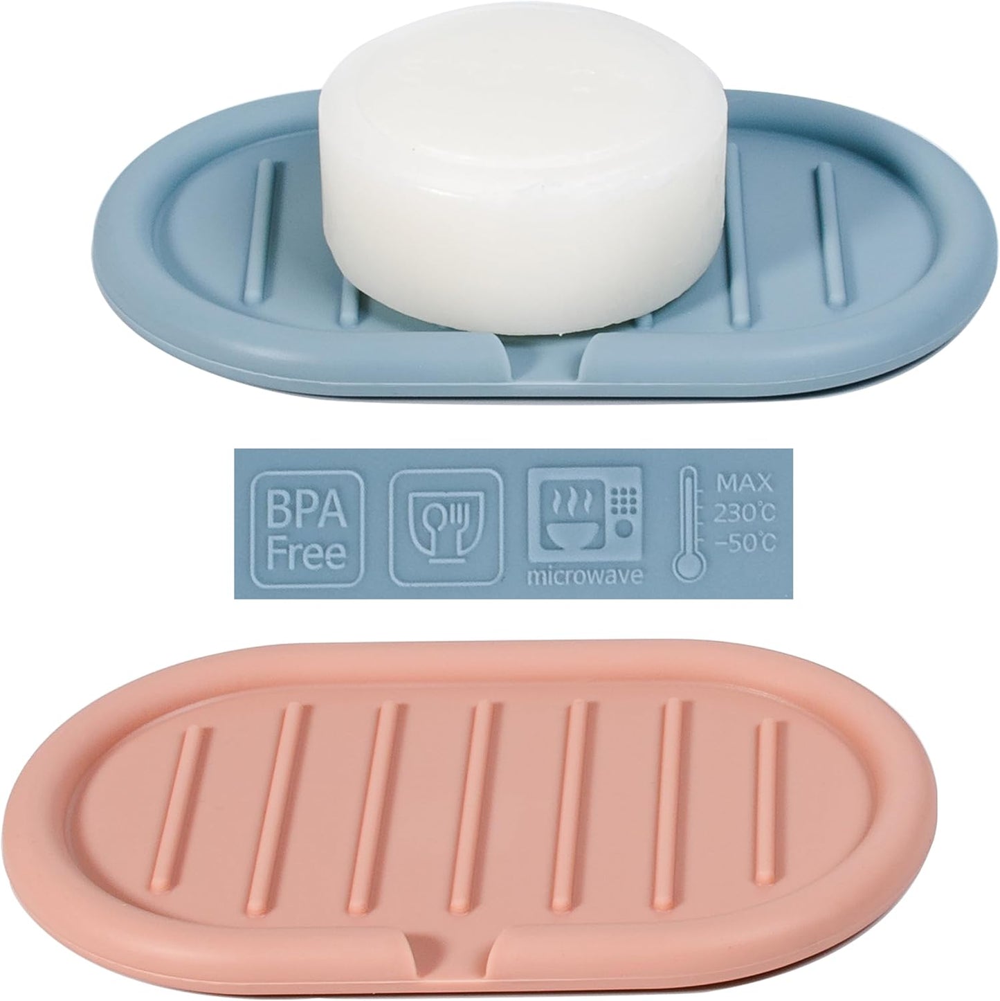Self-Draining Oval-Shaped Silicone Soap Dish, Soap Holder/Tray/Saver for Shower, Bathroom, Kitchen, Keep Soap Dry, Easy to Clean (2, Light Color)