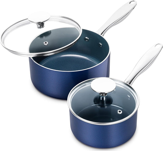MICHELANGELO Saucepan Set, 1Qt & 2Qt Ceramic Sauce Pan with Lid, Nonstick Saucepans with Lids, Small Pot with Stainless Steel Handle, Oven Safe, Blue