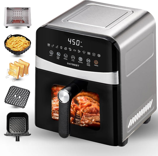 Stainless Steel Air Fryer Ceramic Coat Basket Non Toxic Metal Cavity 6 QT Compact for 2-3 PAX, DAYBEST Dual Heats Airfryer 450°F 12 in 1, Dishwasher Safed Pot, Plate, Rack & Liner (Stainless Steel)