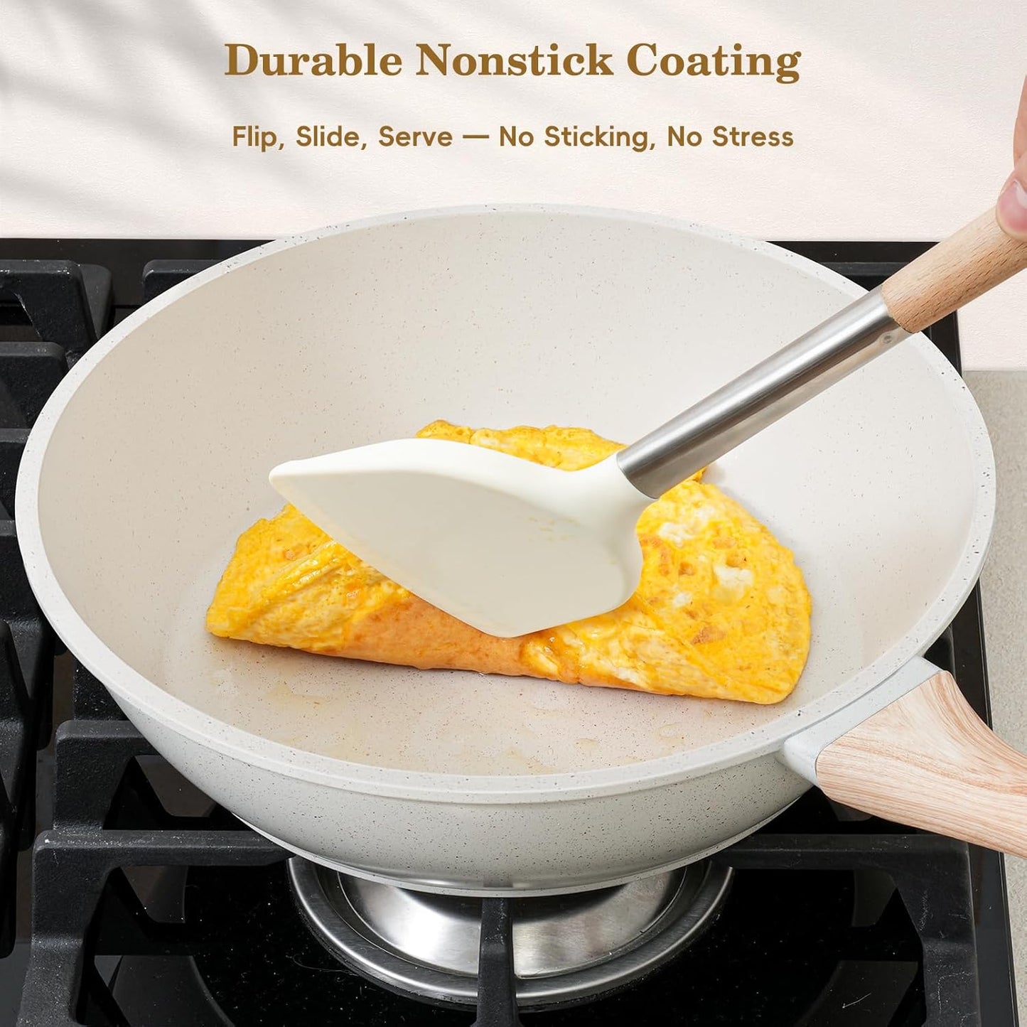 12 Pcs Pots and Pans Set Non Stick, Cookware Sets White Granite Induction Cookware, Non-toxic Healthy Nonstick Kitchen Cooking Set with Frying Pans Set, Saucepans (PFAS/PFOA/PFOS Free)