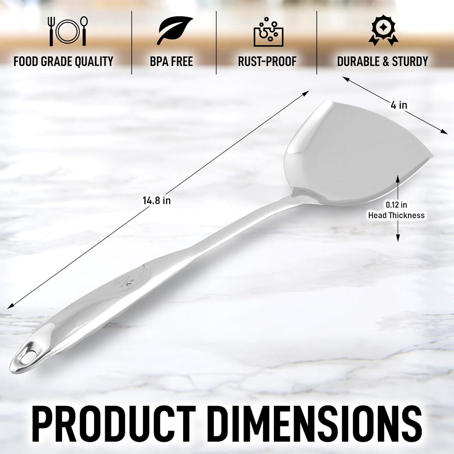 Zulay Kitchen Stainless Steel Metal Wok Spatula - Durable Wok Turner Spatula Shovel - Durable Utensil with Ergonomic, Easy to Use Handle - Easy to Clean, Perfect for at Home Cooks & Chefs - 14.8”