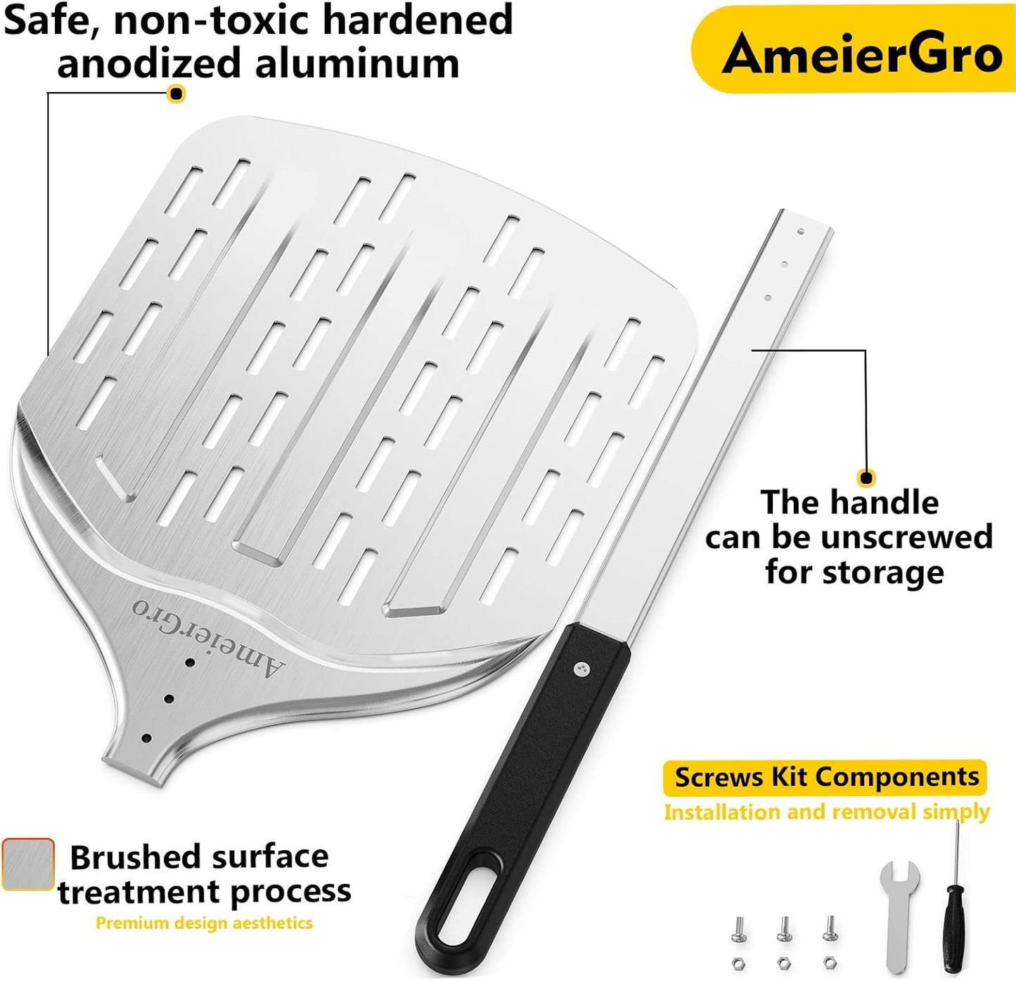 12" Perforated Pizza Peel, Long Handle(31") Anodised Aluminum Pizza Spatula Paddle, Pizza Oven Accessories for Pizza Stone/Grill