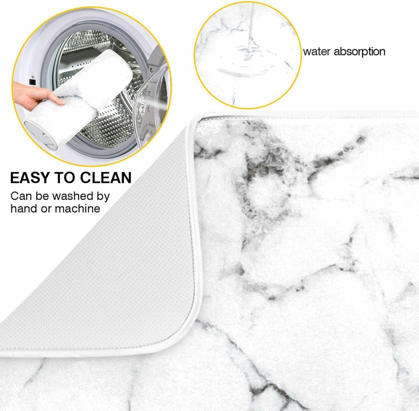 White Grey Marble Dish Drying Mat for Kitchen Counter Absorbent Microfiber Drying Pad, Medium 16x18 in, Reversible Drainer Mats