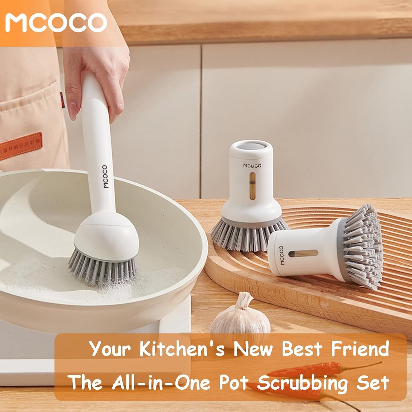 Dish Brush Set with Soap Dispensing Palm Brush Dish Scrub Brush with Soap Dispenser Palm Dish Brush Kitchen Cleaning Brush with Ergonomic Long Handle for Cleaning Sink, Pot, Pan, Stove, Yellow