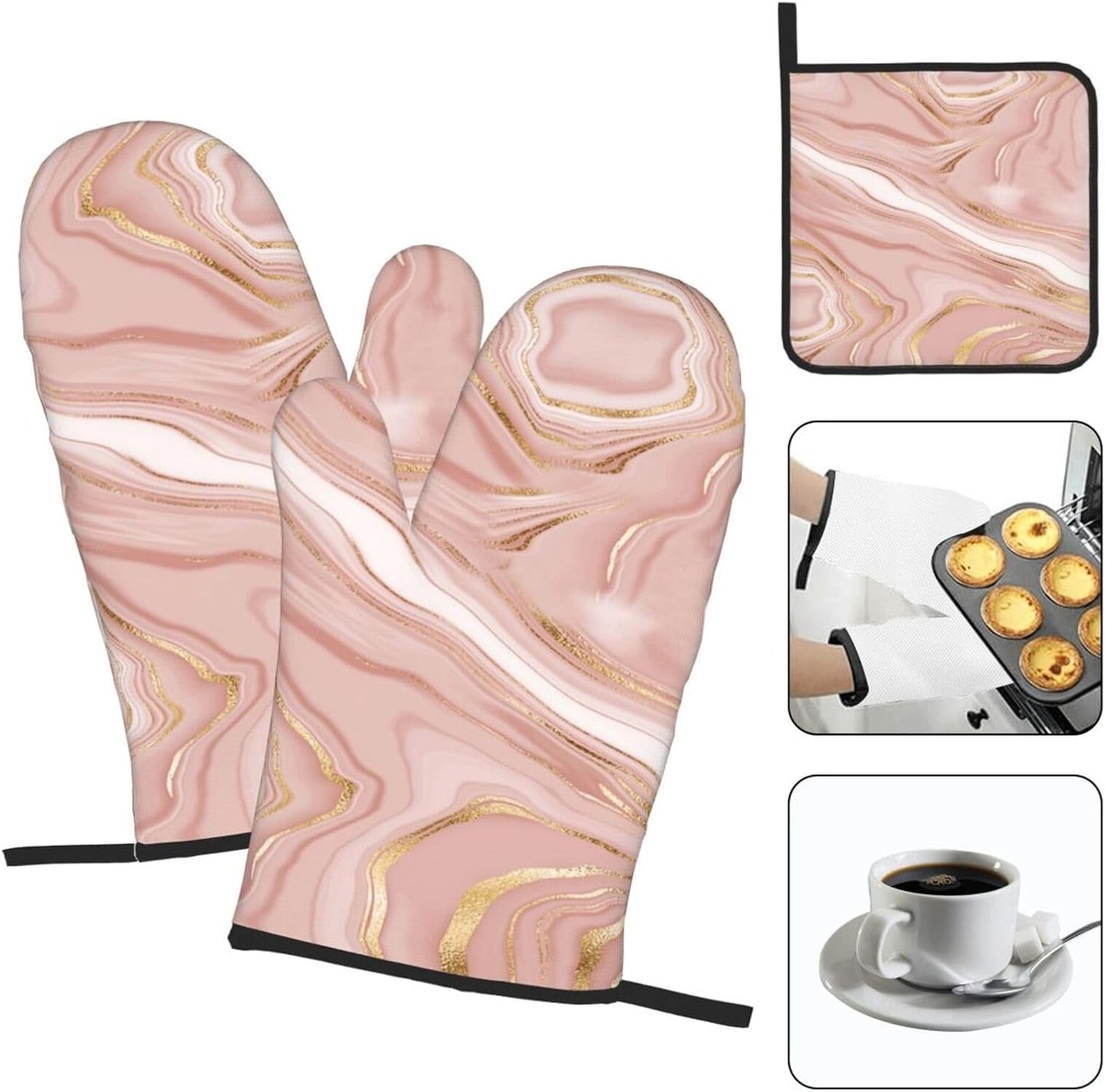 Pink Golden Marble Oven Mitts and Pot Holders Sets of 3 Heat Resistant Hot Pads Rose Pink Modern Oven Gloves for Kitchen Cooking BBQ Baking
