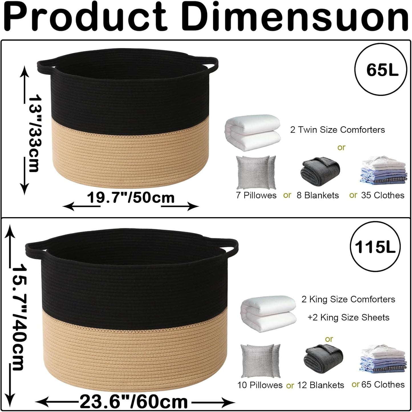 Large Blanket Basket for Organizing,65L Closet Organizers and Storage Bins Box for Shelves Woven Rope Storage Baskets,Living Room,Bedroom,Dorm,Laundry room (Black&Camel)