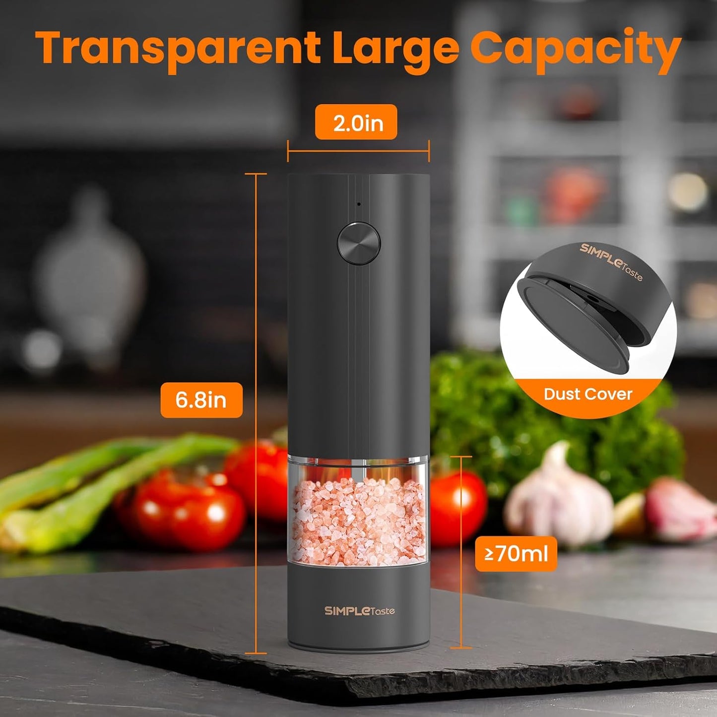 SIMPLETASTE Electric Salt and Pepper Grinder Set Rechargeable with LED Light and Dust Cover, Automatic Pepper Mill Shakers with Adjustable Coarseness, One Hand Operation for Kitchen, Dining, Gifting