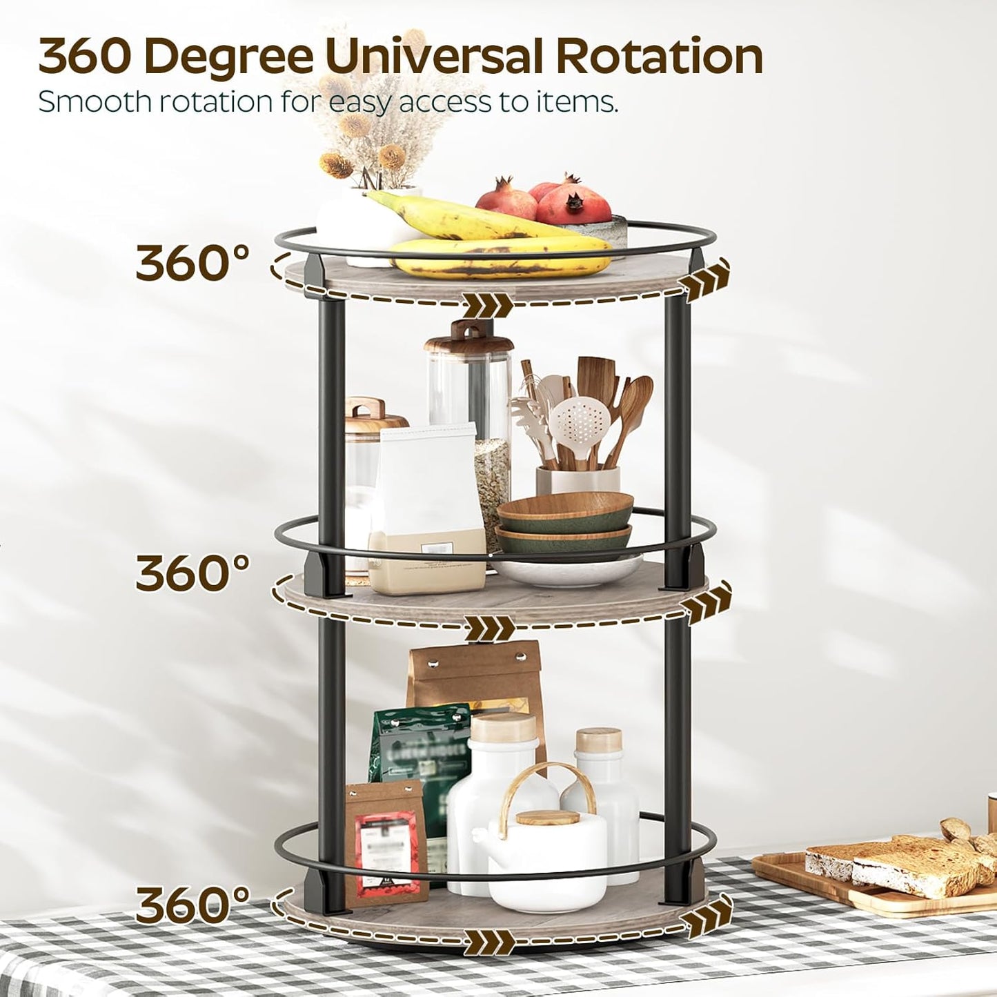 3-Tier Lazy Susan Organizer, Rotating Spice Rack, Spinning Organizer, Industrial Turntable Spice Rack Organizer for Cabinet, Kitchen Countertop, Greige and Black SR23BG