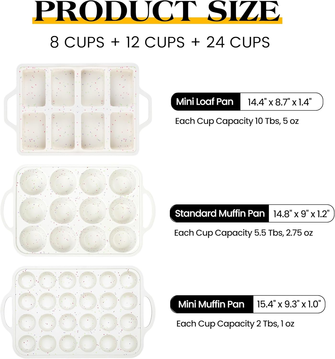 3 Pcs Silicone Baking Pan Set - Including Mini Loaf Pan, Standard Muffin Pan and Mini Muffin Pan - Silicone Cupcake Molds With Metal Reinforced Frame (Cream)