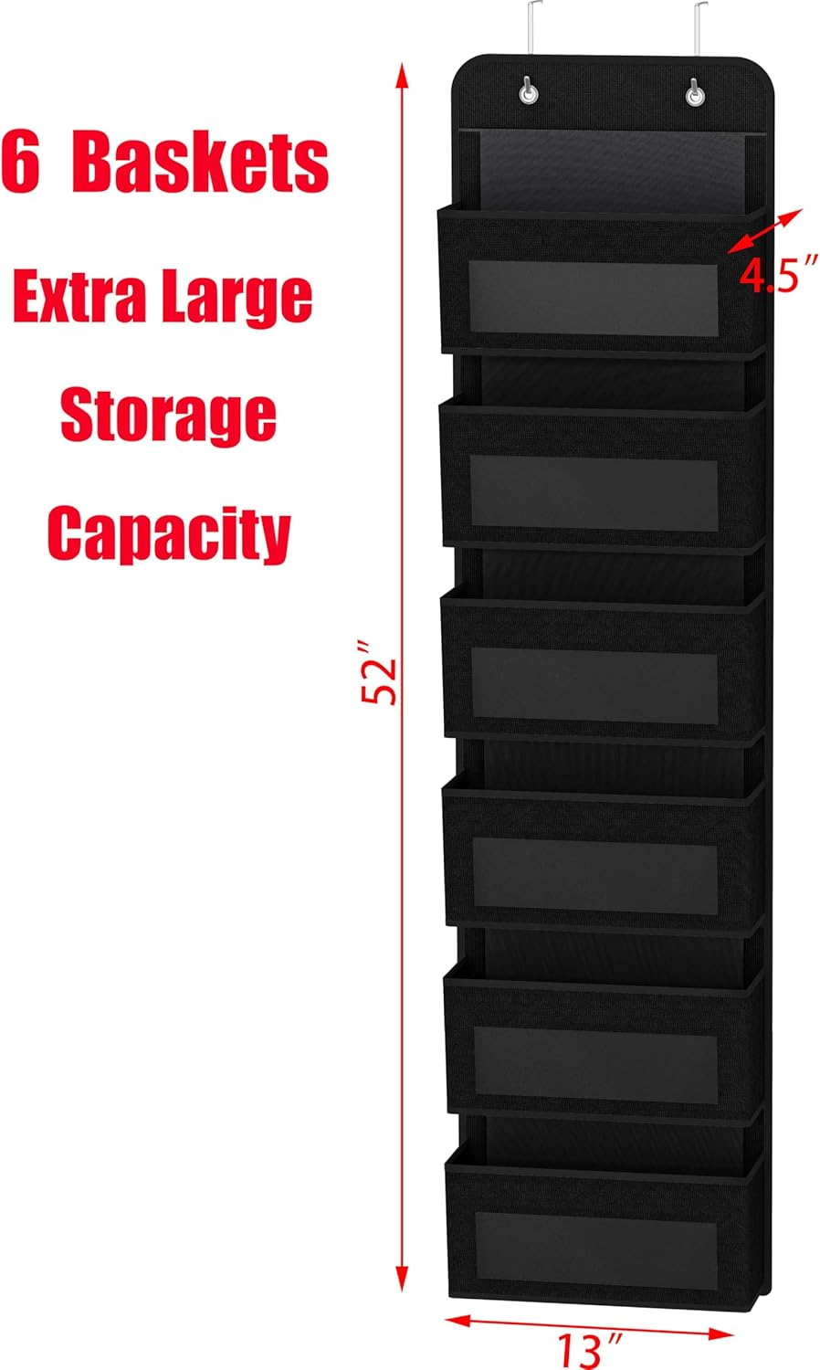 Simple Houseware 6 Clear Window Pocket Over Closet Door Storage Hanging Organizer for Bedroom, Bathroom, Pantry, Black