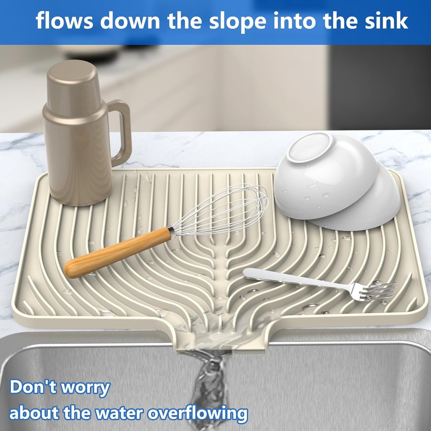 Dish Drying Matt for Kitchen Counter,18"×12"Silicone Dry Rack Mat with Built in Drain, Kitchen Dry Mats for Dishes Drying Pad for Counter(18"×12"Cream)