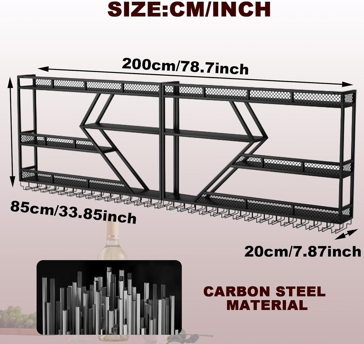 94.48in Metal Wine Rack Wall Mounted, Modern Wine Storage Rack Wall Mounted with Wine Glass Holder, Liquor Shelf, Bar Shelves for Liquor Bottles (3TIERS Gold, 94.48 * 7.87 * 33.85INCH)