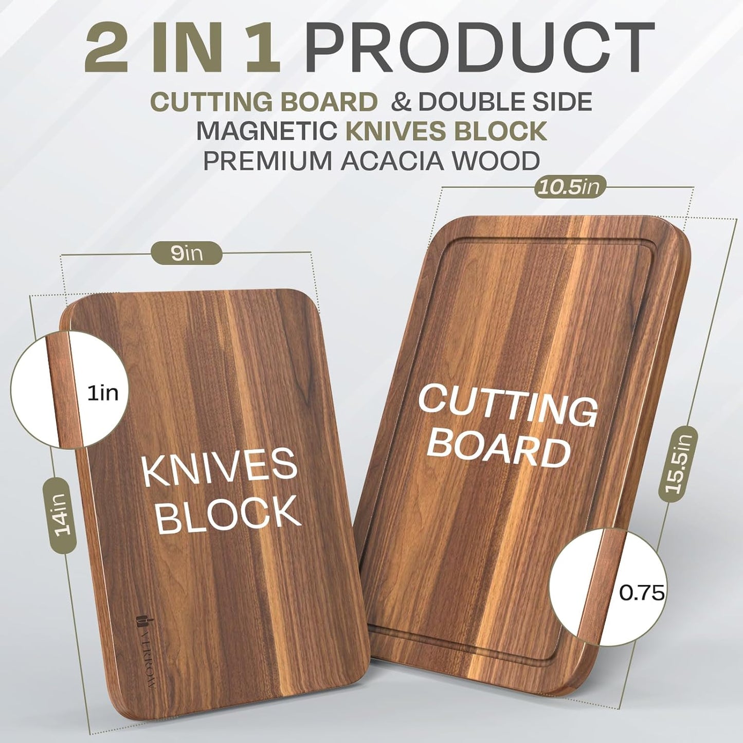 Magnetic Knife Block with Acacia Wood Cutting Board - Large 15.5x10.5x0.75In Magnetic Knife Block Set with Chopping Board Knife Holder Charcuterie Display Storage Organizer for Kitchen Counter