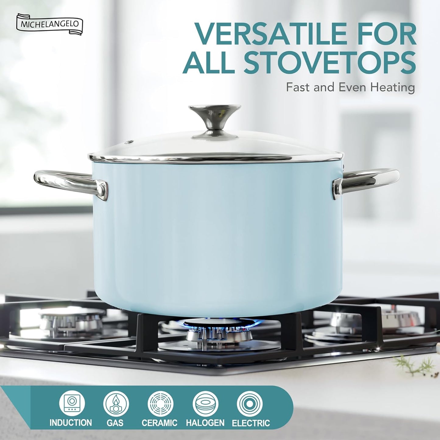 MICHELANGELO Stock Pot with Lid, 6 Quart Cooking Pot with Ceramic Coating, Nonstick Ceramic Soup Pot with Lid, Induction Compatible - 6QT Stockpot, Blue