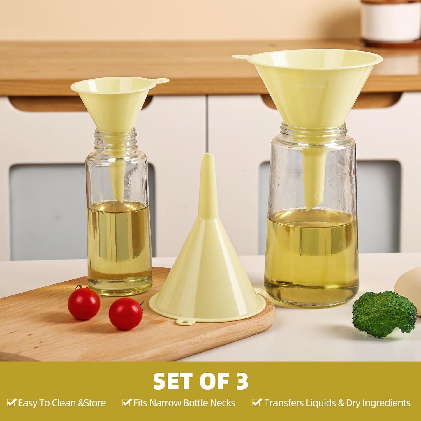 Plastic Kitchen Funnel Set of 3, Round Kitchen Funnels for Filling Bottles, Durable and Multifunctional Funnels for Filling Canning, Cooking, Lab or Car Oil (Milk Yellow)
