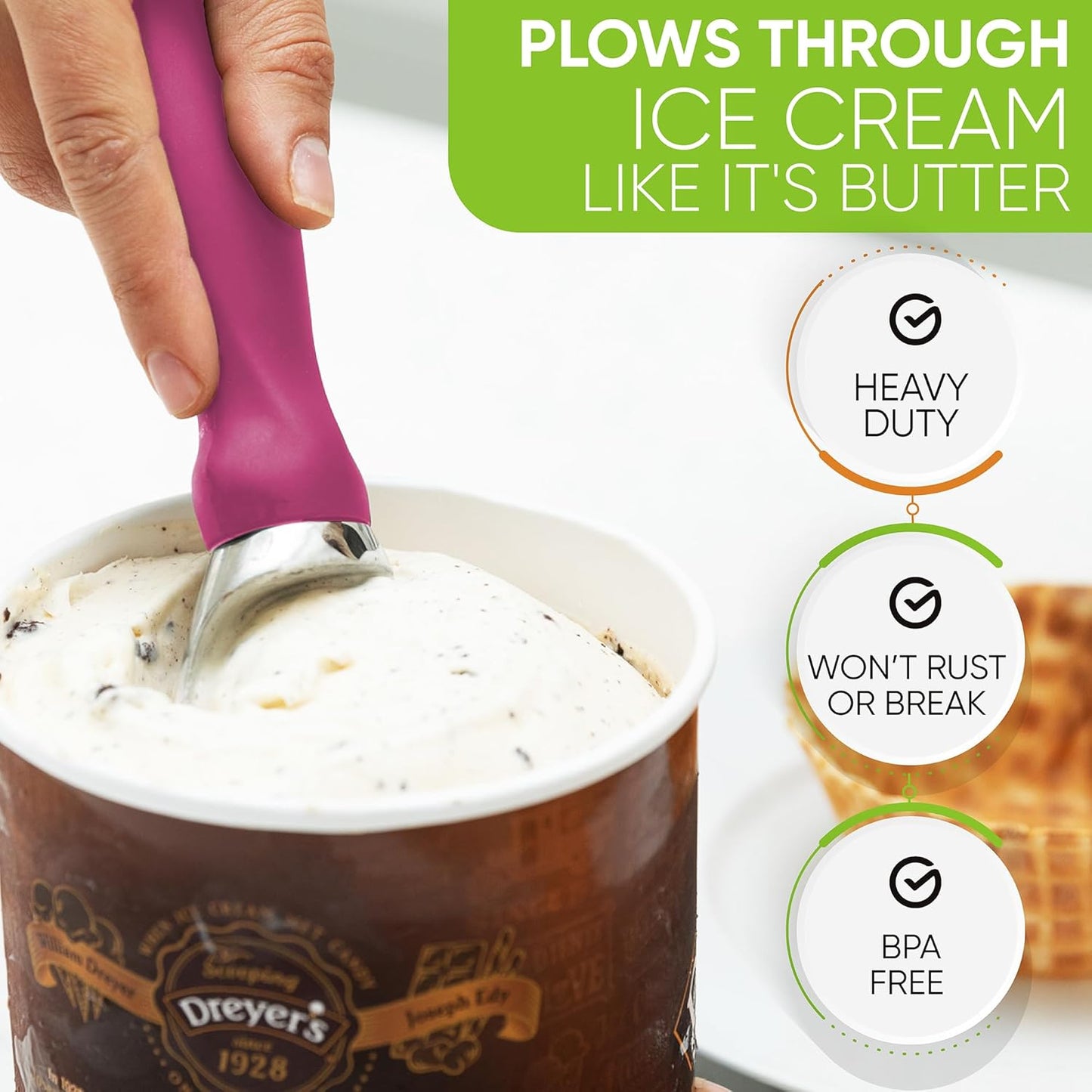 Spring Chef Heavy Duty Metal Ice Cream Scoop with Non-Slip Handle, Premium Ice Cream Spade for Frozen Yogurt, Gelato, Sorbet, Sundae, Melon, Cookie Dough - Dishwasher Safe Kitchen Tool - Magenta