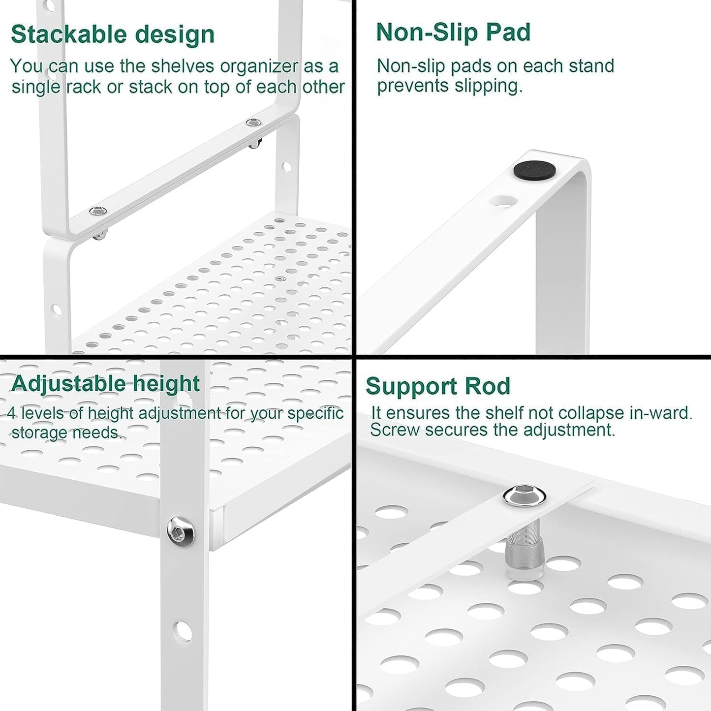 iPEGTOP Expandable Cabinet Storage Shelf Organizer Rack, Heavy Duty Stackable Steel Metal Spice Rack Adjustable Height Pantry Garage Shelf for Counter Kitchen Organization, White - 2 Pack