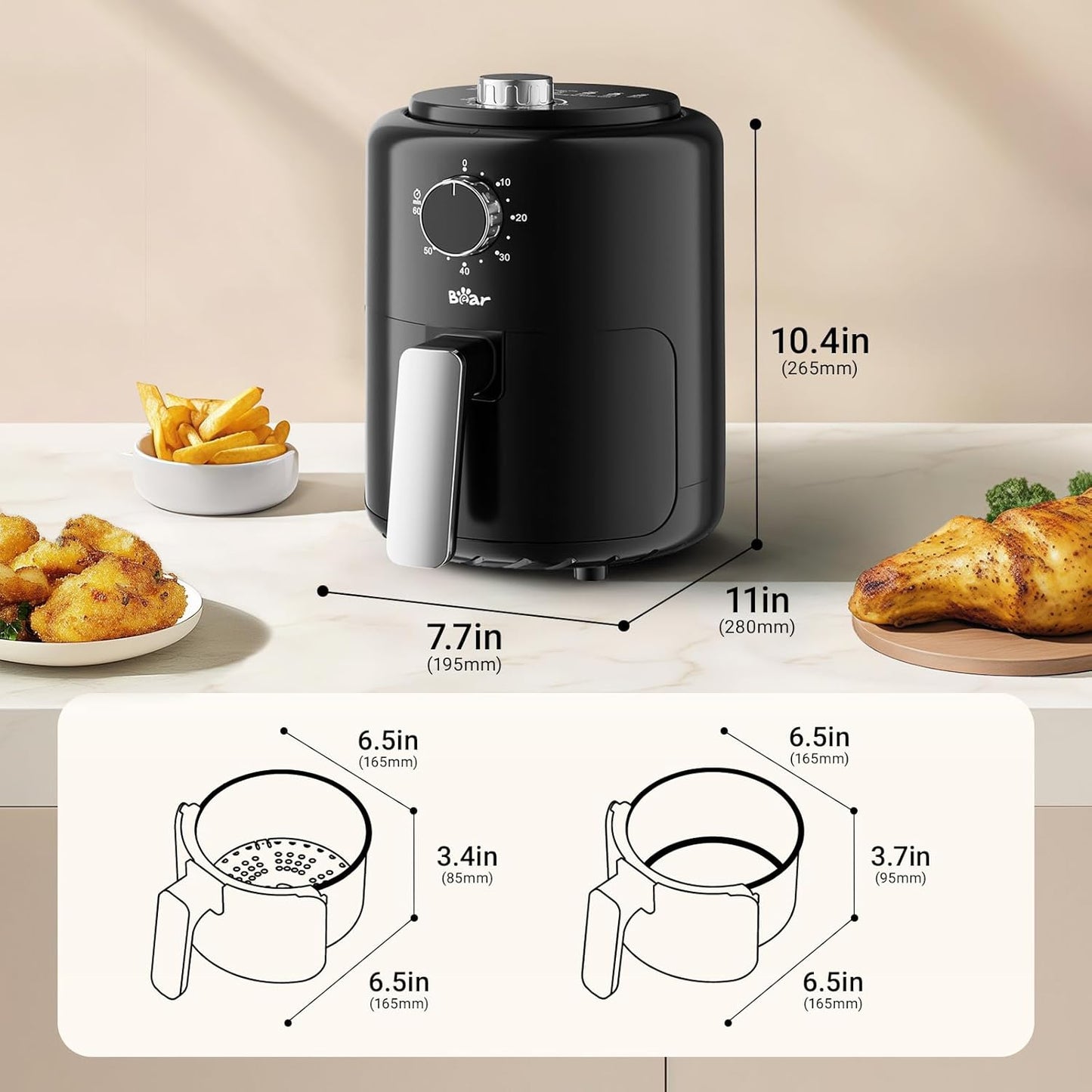 Bear Small Air Fryer 2.1 QT, Mini Airfryer Adjustable Time&Temp Control, Compact Size Space Saving for 1-2 People Quick Healthy Meals Snack in Minutes with Nonstick Basket