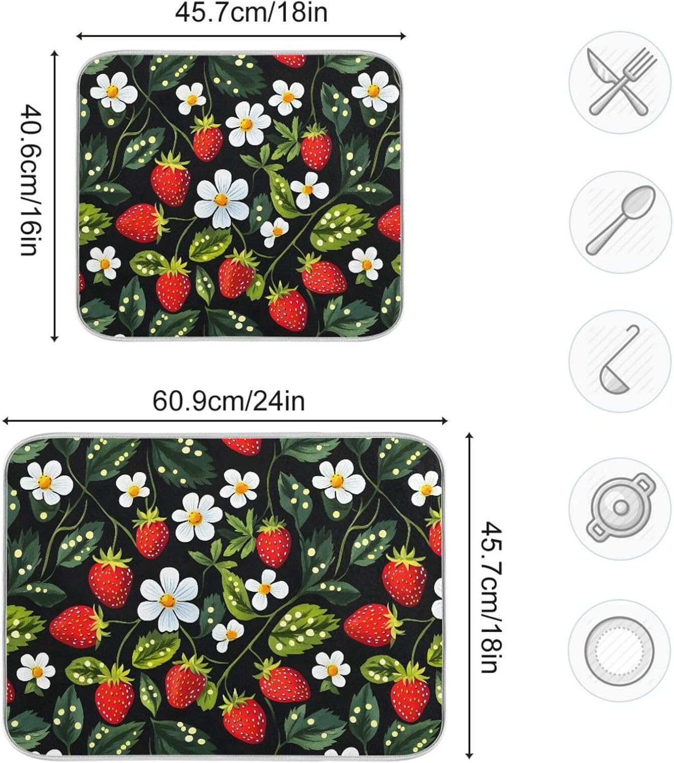 Strawberries White Flowers Dish Drying Mat for Kitchen Counter Absorbent Microfiber Drying Pad, Medium 16x18 in, Reversible Drainer Mats