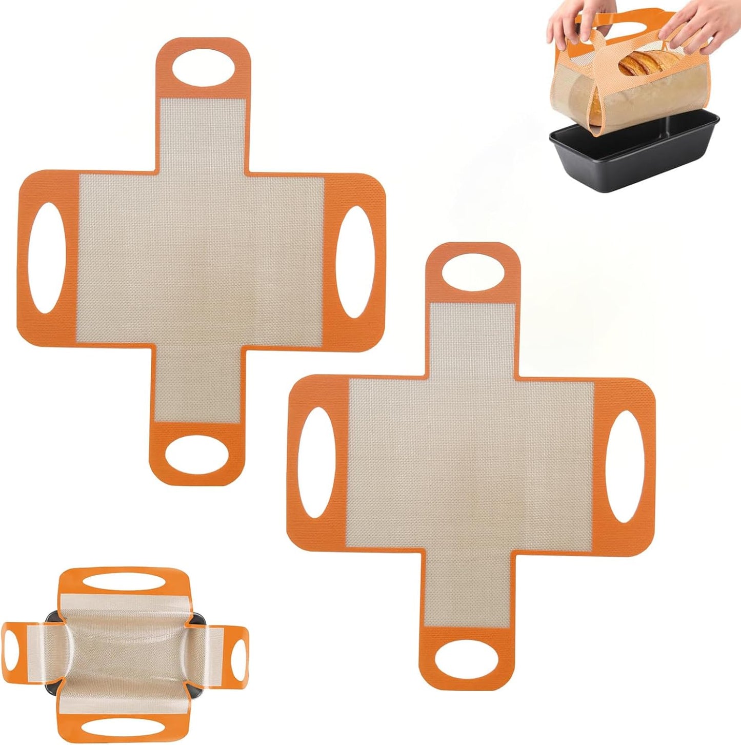 Reusable Silicone Bread Loaf Pan Liner, Food-Grade Silicone Bread Sling, Sourdough Bread Baking Mat, Non-Stick & Easy Clean Dough Transfer Tool, Fits 9x5 or 1.5lb Loaf Pans, Orange - Pack of 2